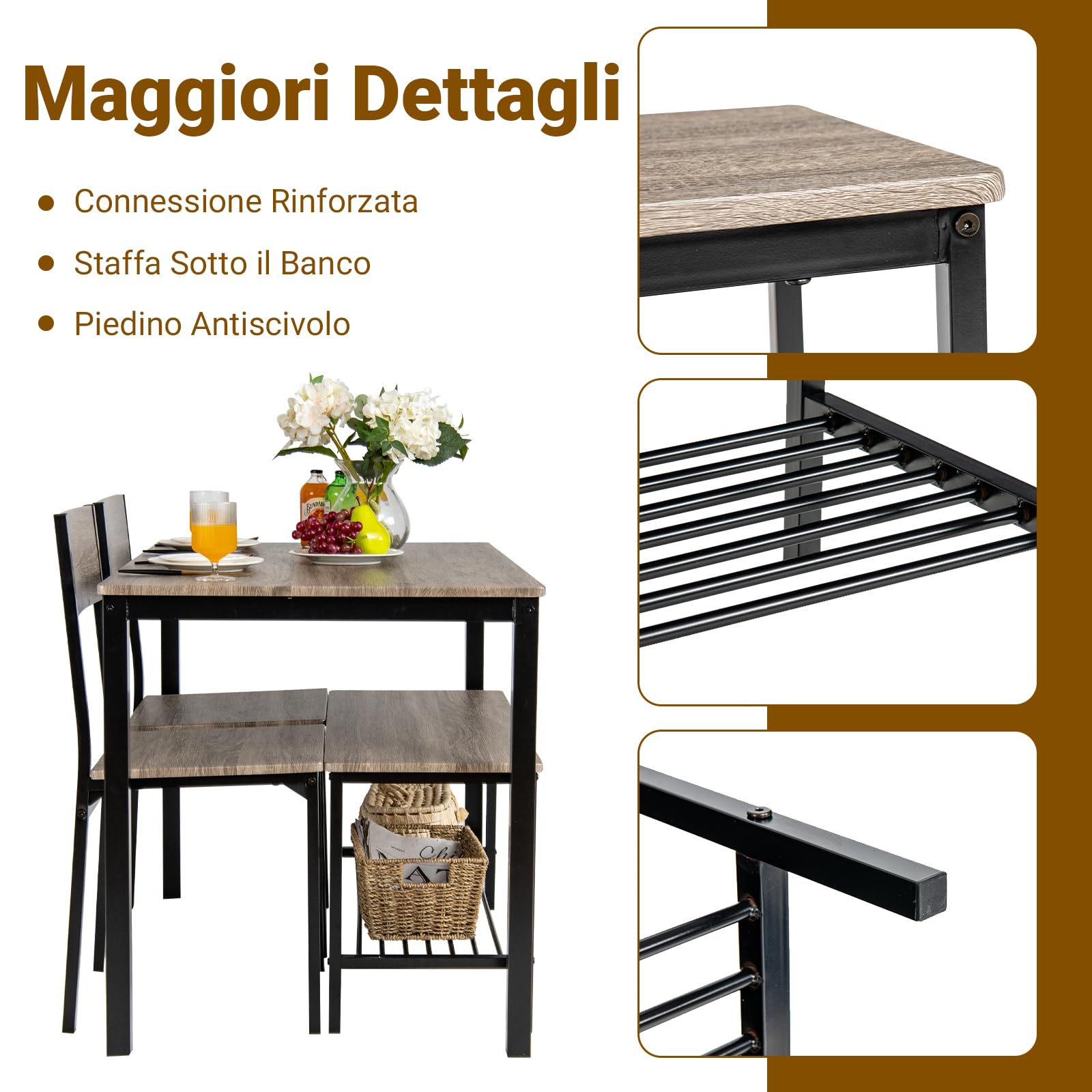 COSTWAY Set Tavolo e Sedie da Cucina 4 Pezzi, Tavolo da Pranzo con 2 Sedie e 1 Panca, Set Mobili da Cucina Salvaspazio con 4 Posti, per Sala da Pranzo e Soggiorno (Rovere grigio)