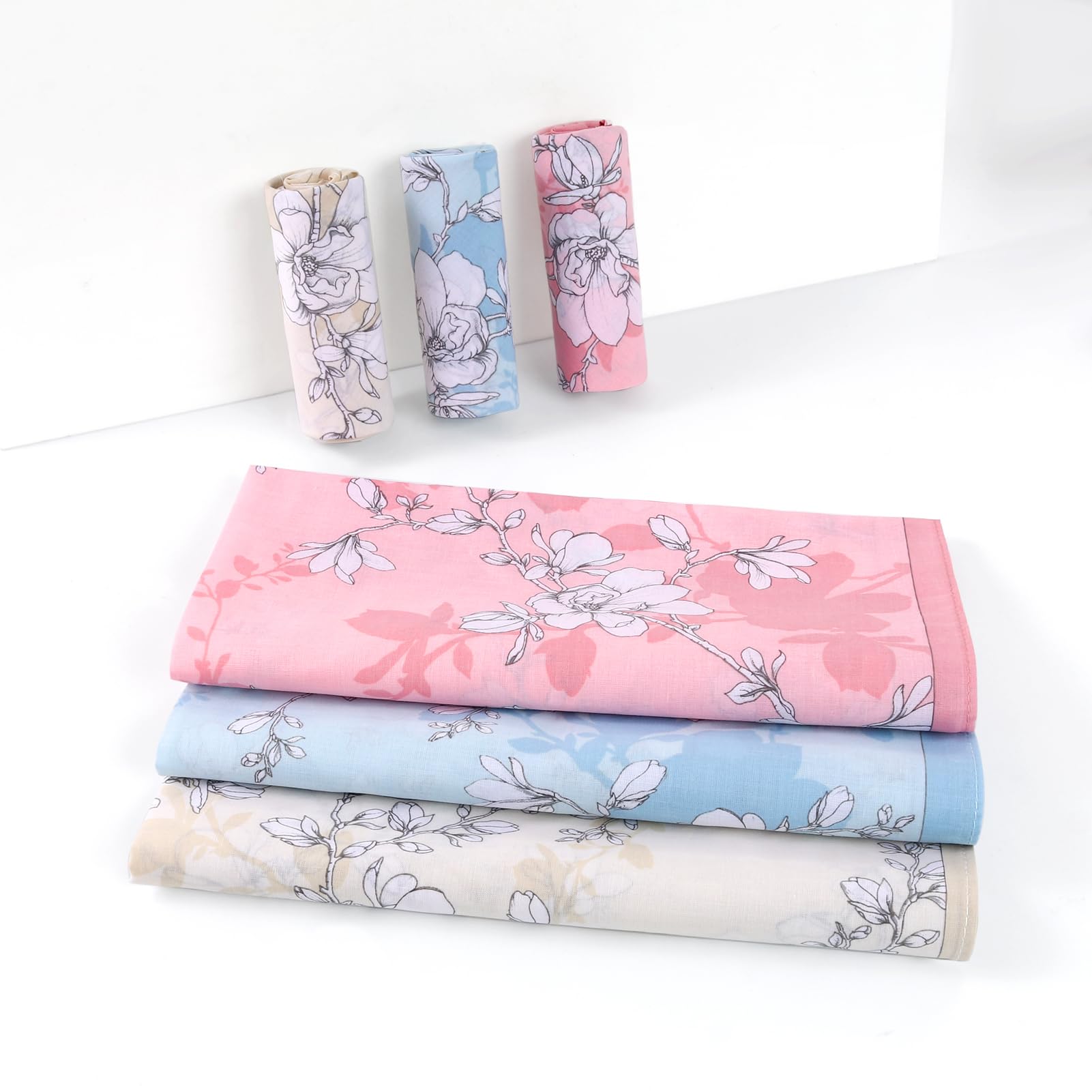 HOULIFE Mouchoir Tissu - Mouchoirs en Tissu Femme, Grands Mouchoirs Tissus en Pur Coton Peigné Motif Fleur Doux pour Mariage Usage Quotidien, Lot de 6/12 Pièces, 45x45cm, Fleur 1