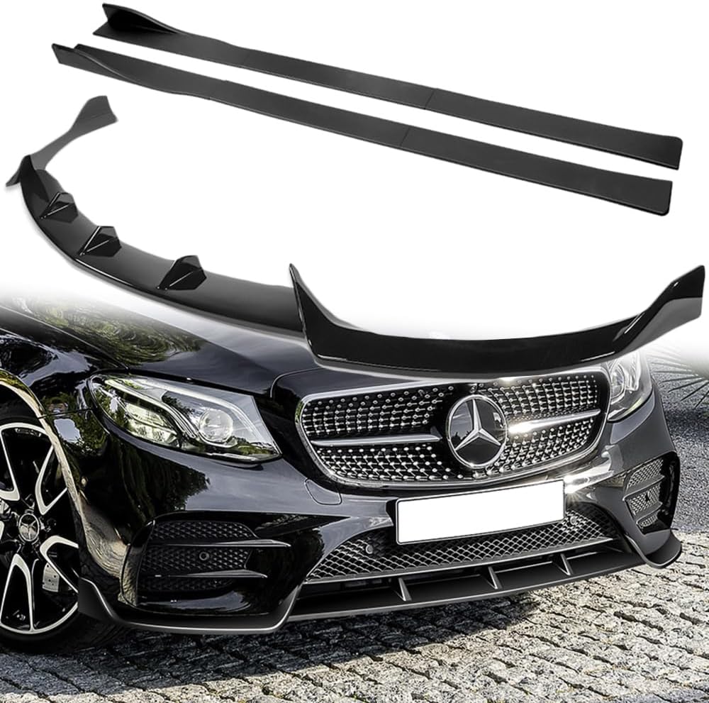 Q1-TECH, 9PCS Front Bumper Lip & Side Skirt Extensions Diffuser Compatible with 2017-2020 Mercedes-Benz E-Class E43 AMG E200 E250 E300 E350 E400 E450 W213, Front Lip Spoiler Splitter (Painted Black)