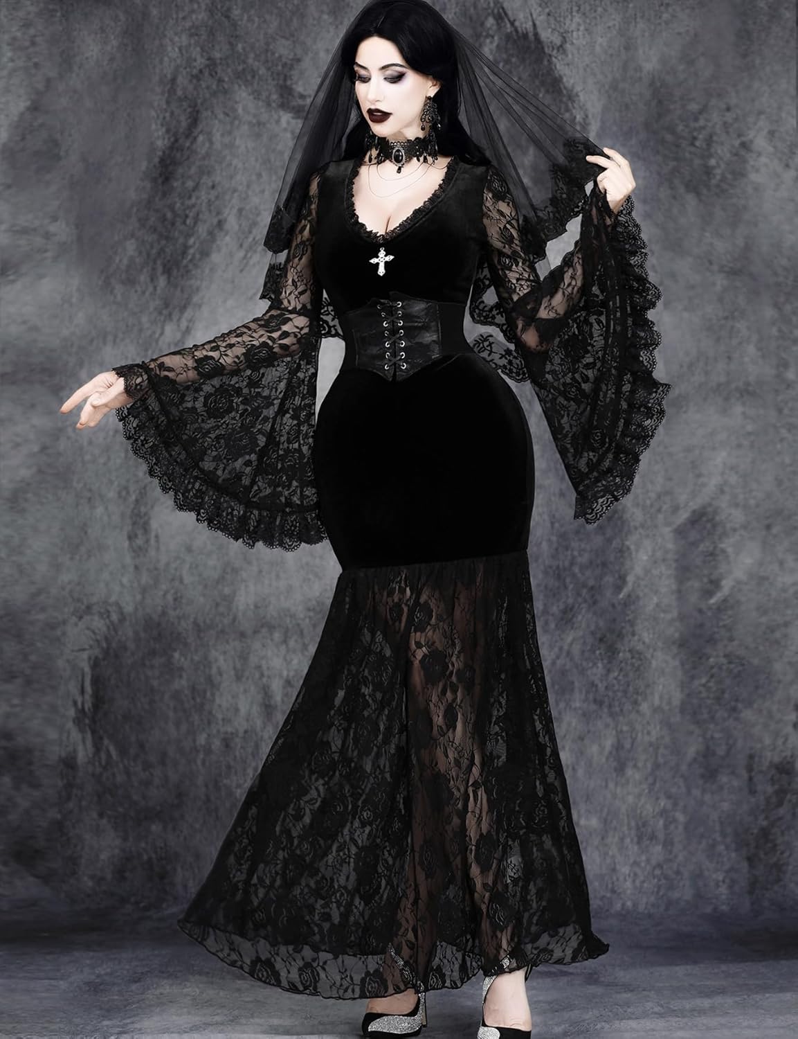 Women's Gothic Sexy Retro Dress Lace Splicing Velvet V-Neck Cross Halloween Dress Without Corset - Image 5
