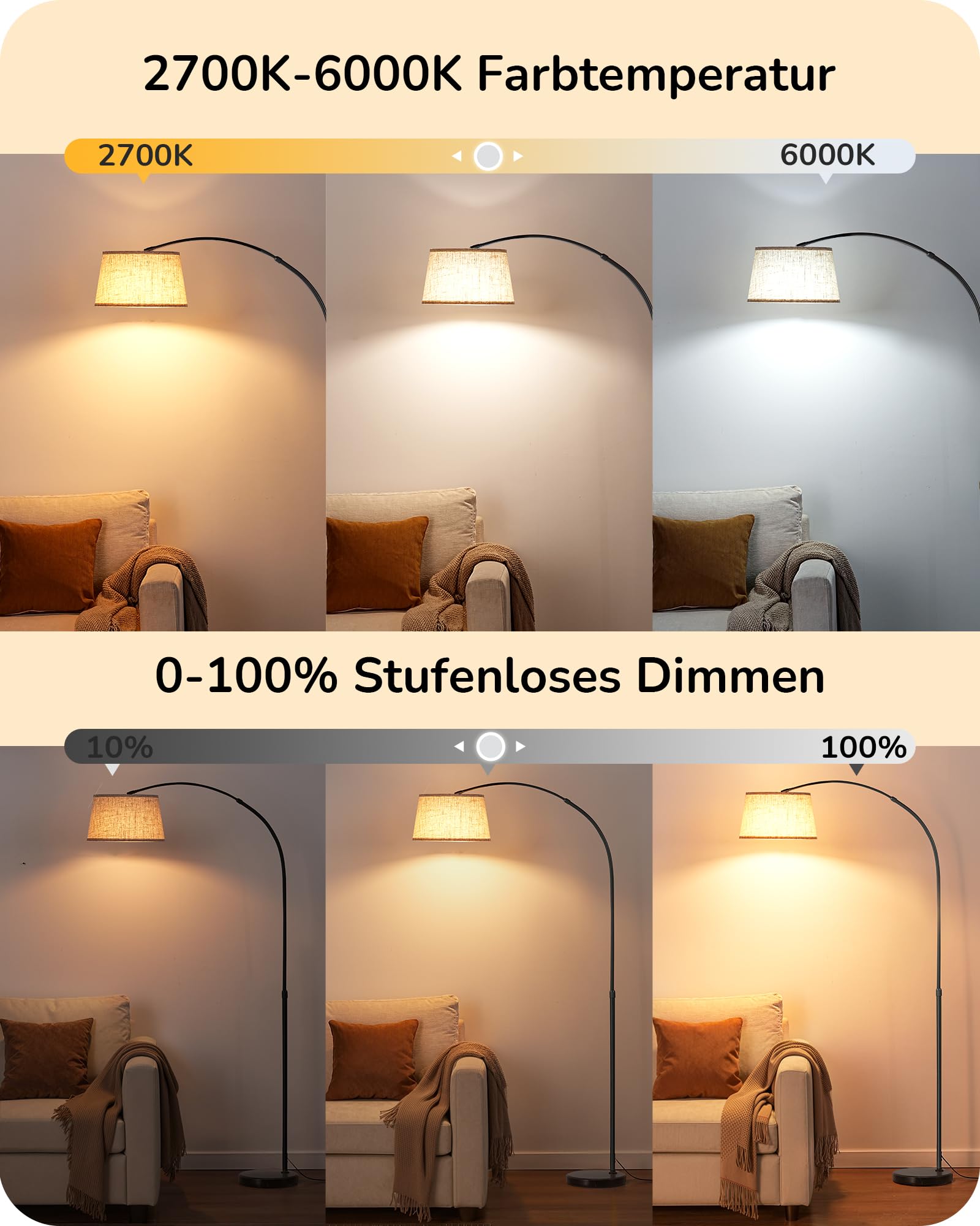EDISHINE Stehlampe Wohnzimmer, 143-176 cm verstellbar, Bogenlampe mit drehbarem Lampenkopf und Metallgestell, magnetische Fernbedienung, stufenlos dimmbar, E27 Fassung inkl. 9W LED Leuchtmittel