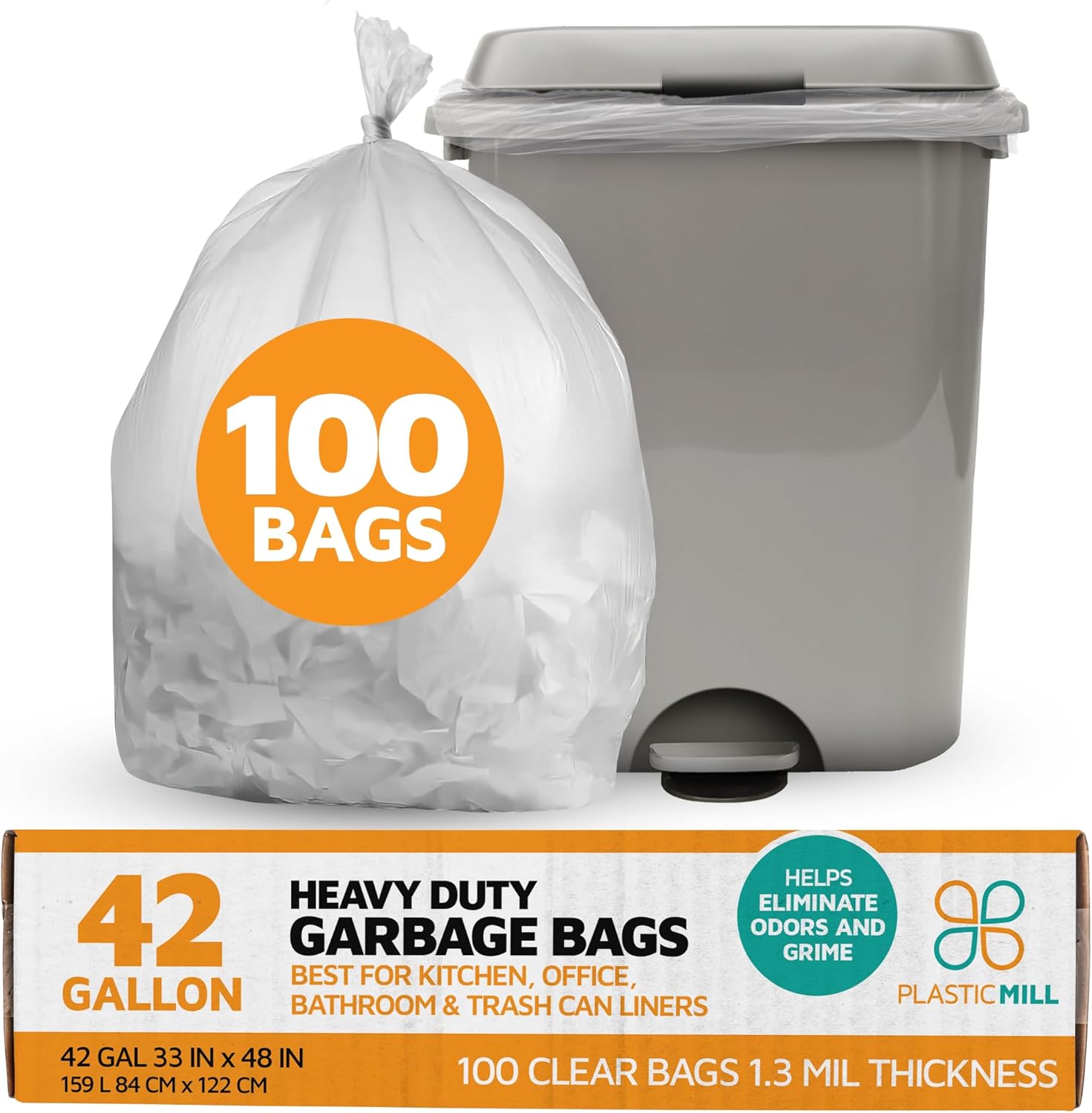 PlasticMill Heavy Duty Trash Bags - Clear Garbage Bags - Plastic Trash Bags for Large Rolling Trash Bins - Tall Trash Bags - 42-Gallon Large Kitchen Trash Bags, 1.3 Mil, 33"x48" (100-Count)