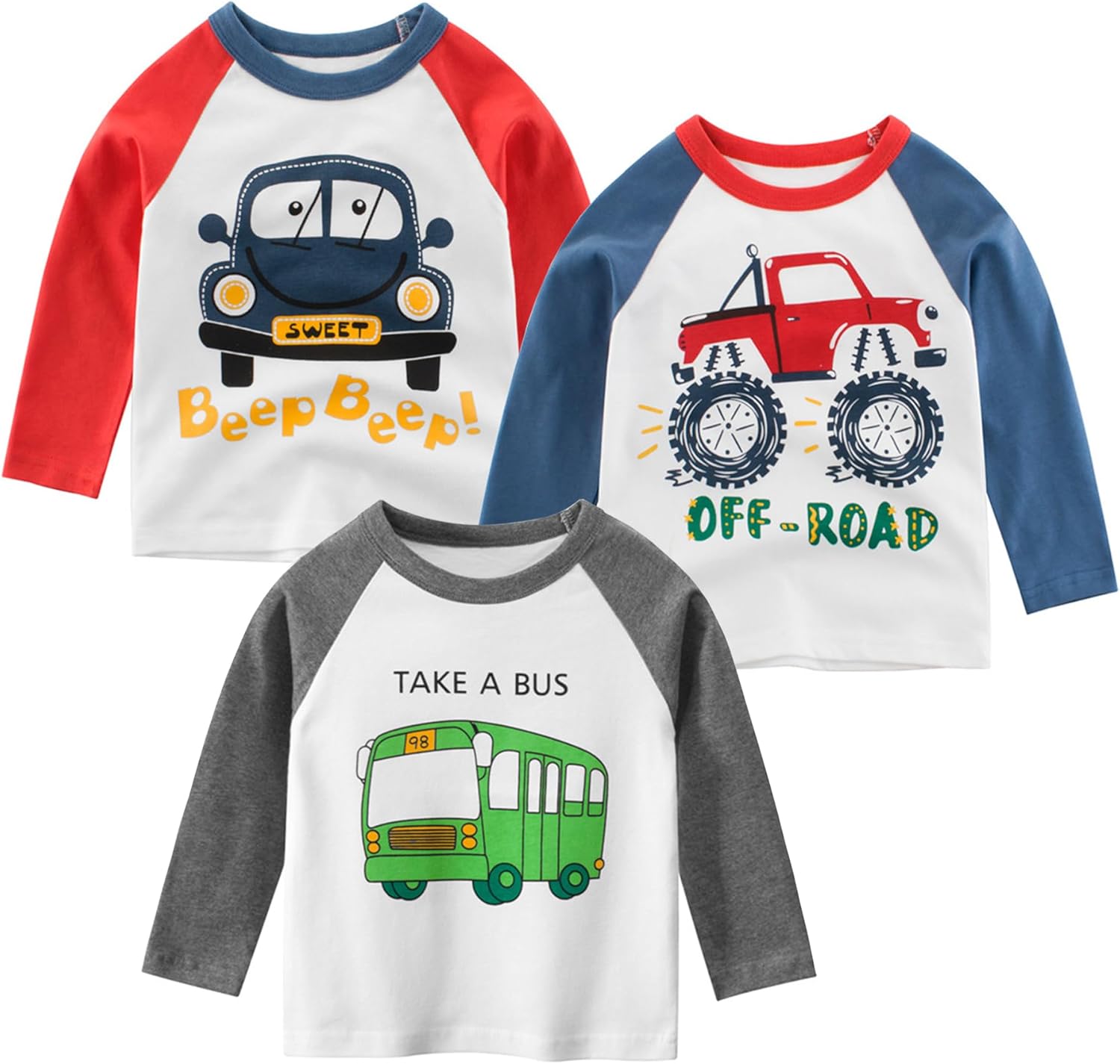 Toddler Boys 3-Pack Long Sleeve Excavator T-Shirt 100% Cotton Basic Tops Car Shirt