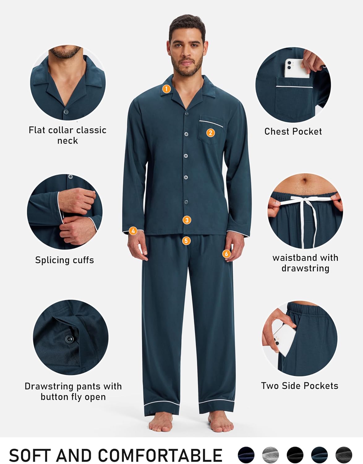 Mens Pajamas Set Soft Cotton Notched Collared Pjs for Men Long Sleeve Men's Sleepwear Loungewear Pyjama Homme - Image 5