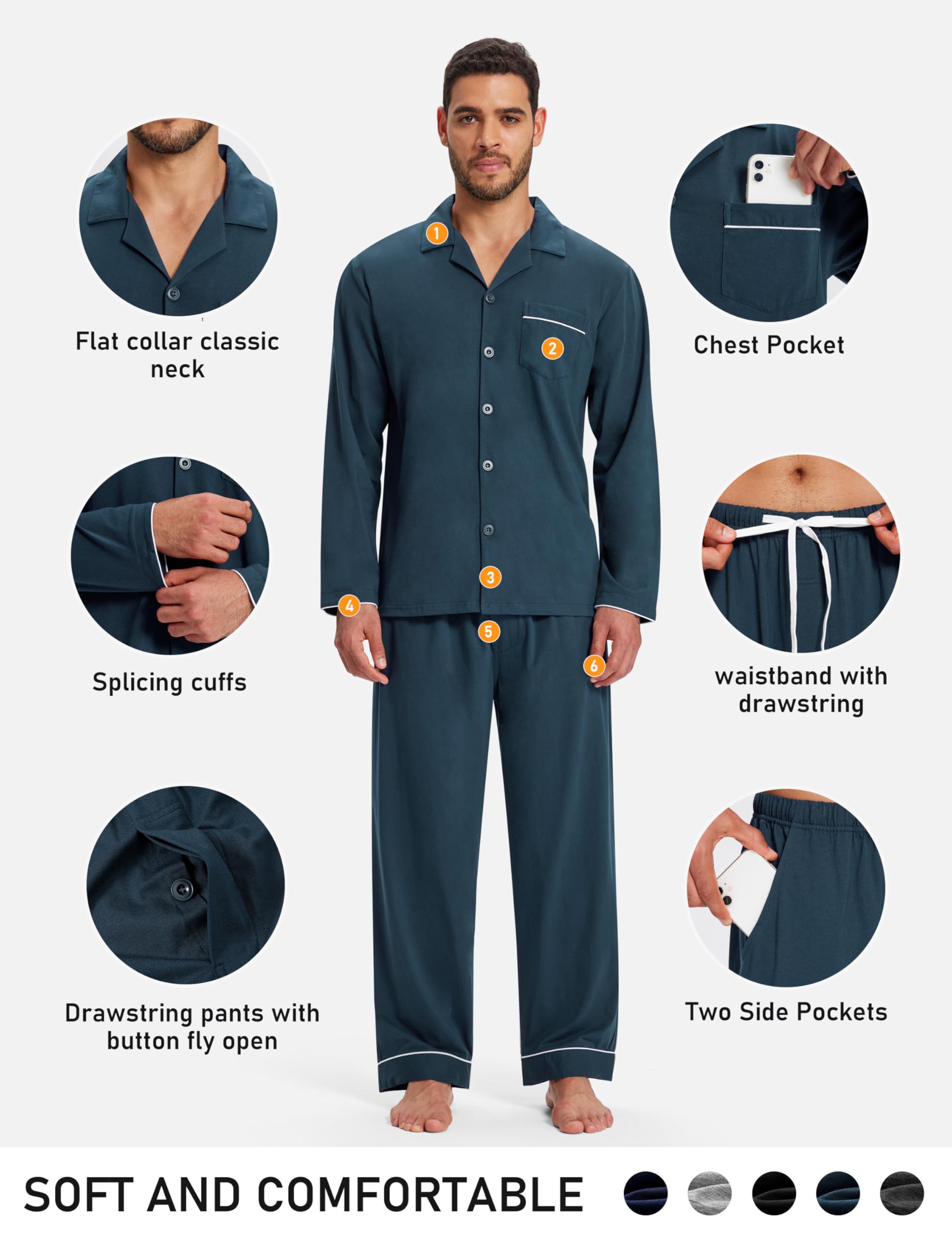 MoFiz Pijamas Hombre Invierno Algodon Manga Larga Pijama con Botones M-4XL