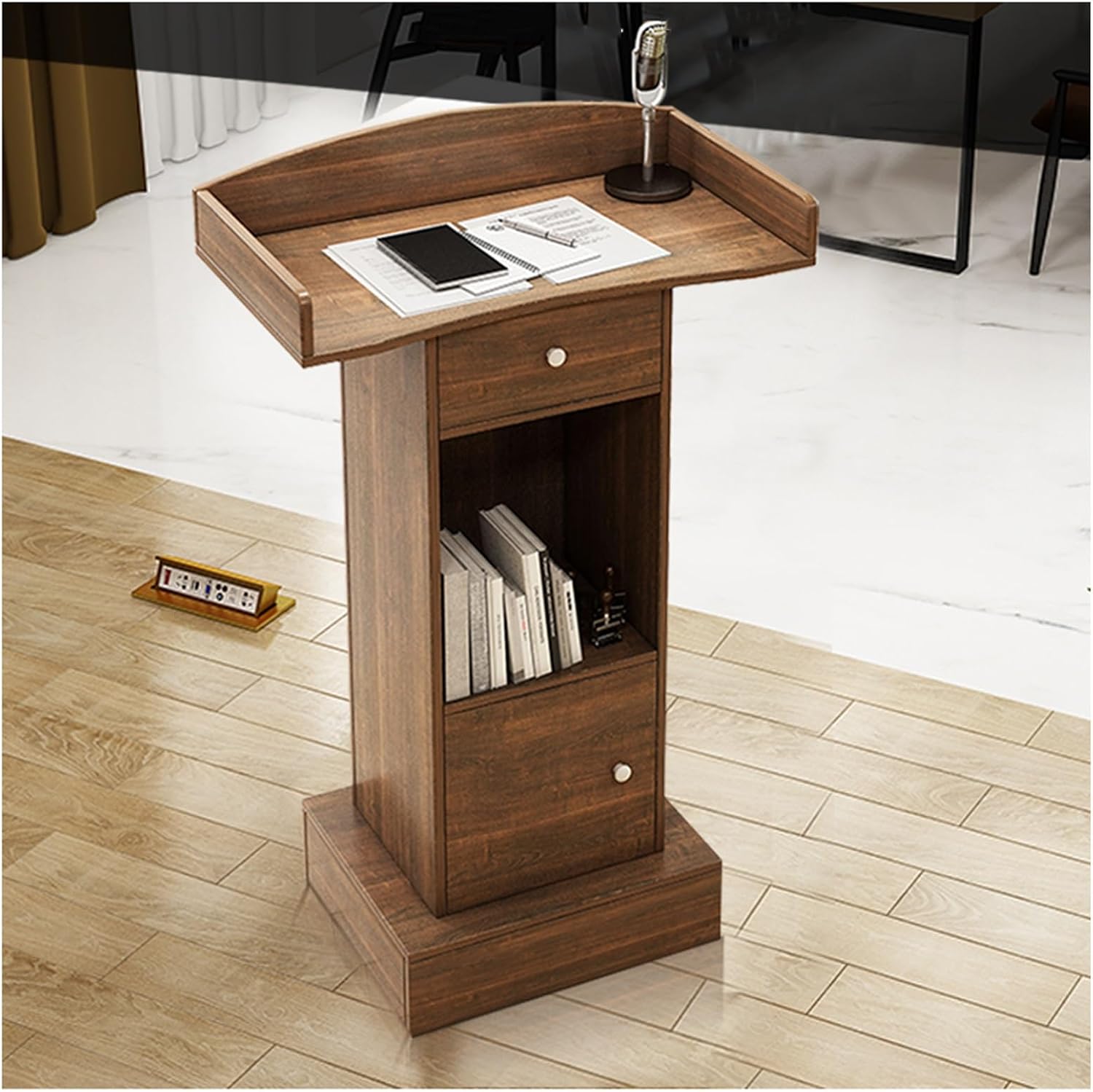 Multifunctional Reception Desk Classroom Lectern Consultation Counter Features an Extended Countertop with Curved Splash Guard Sealed Drawers and Elevated Base