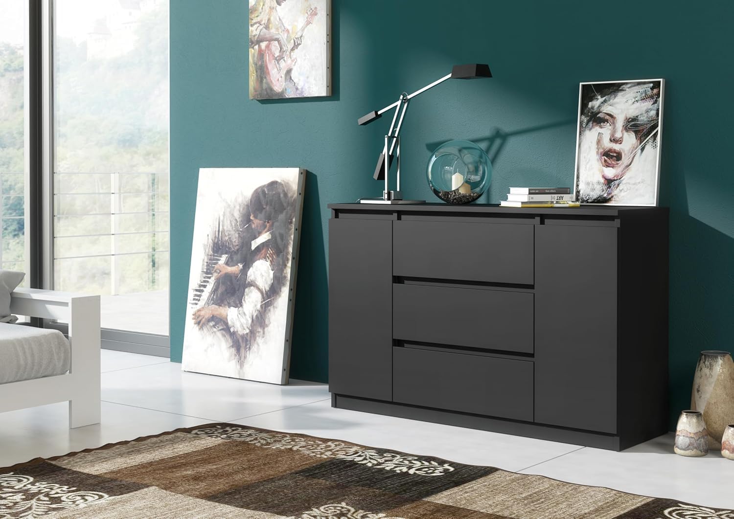 meble masztalerz Komoda Czarna Matowa z 3 szufladami i 2 drzwiami - 120,4x78,2x39 cm - Komoda do salonu, sypialni - Szafka z szufladami - Komoda z szufladami | Szafa komodowa 120, 4 x 78, 2 x 39 cm, nowoczesna szafa z szufladami, kredens do salonu, przedp