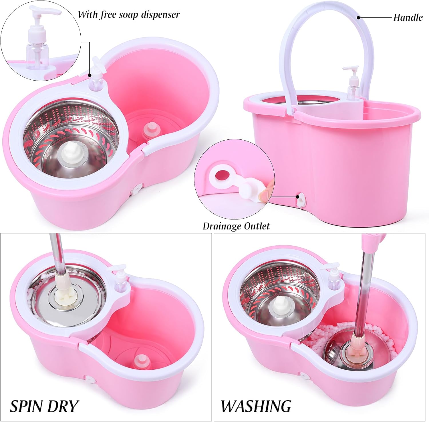 Cute Pink Mop and Bucket Set with 3 Extra Refills (Pink)
