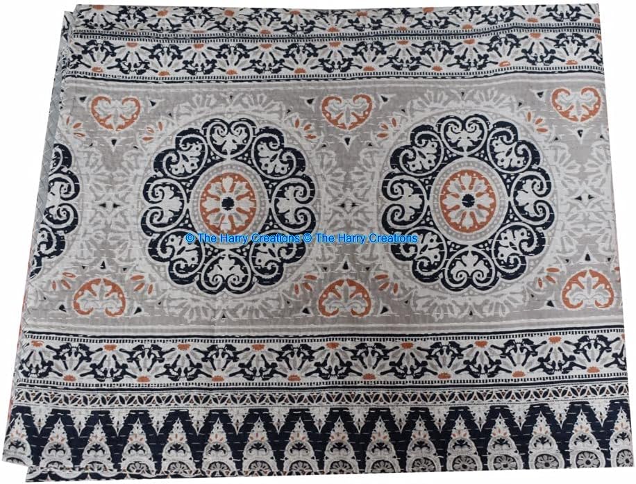 The Harry Creations 100% Cotton Art Reversible Stitch Kantha Indian Print Gudri Bedspread Quilt Pure Style Decorative Suzani Pattern Quilt (Gray, King 90" x 108")