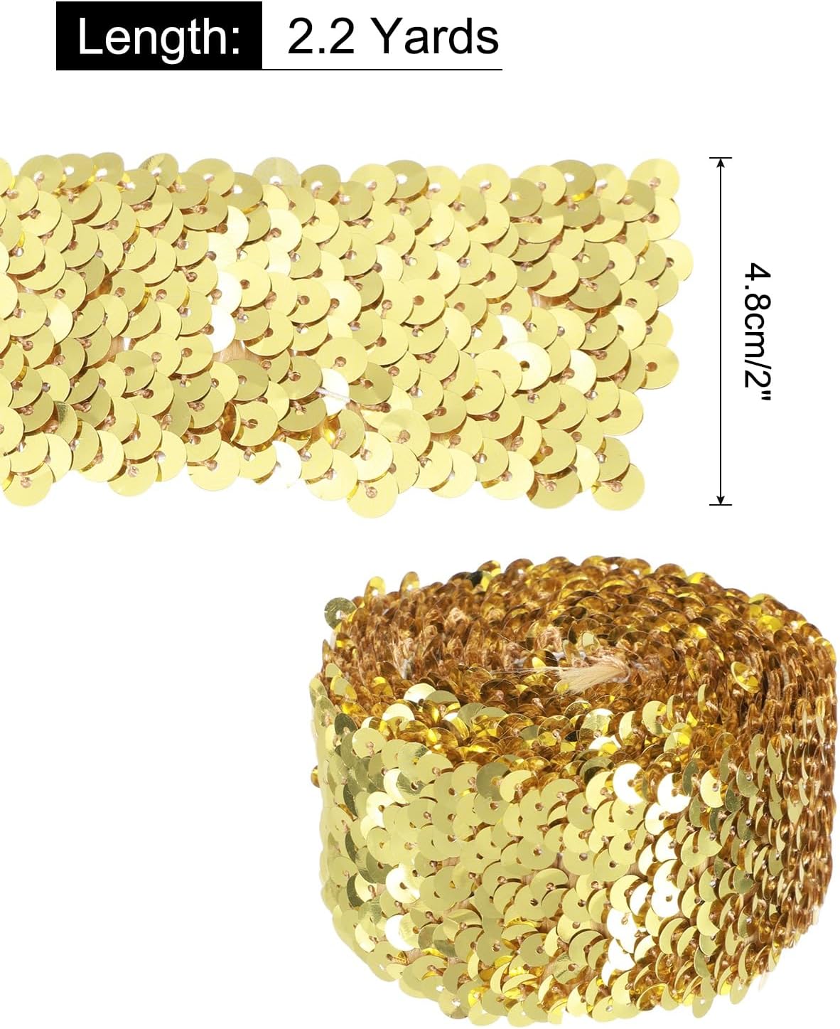 MECCANIXITY 2.2 Yards 2 Inch Elastic Sequins Trim 5 Row Flat Sequin Strip Paillette Sequins Fabric Ribbon for Crafts DIY Sequin Fringe Sewing, Gold