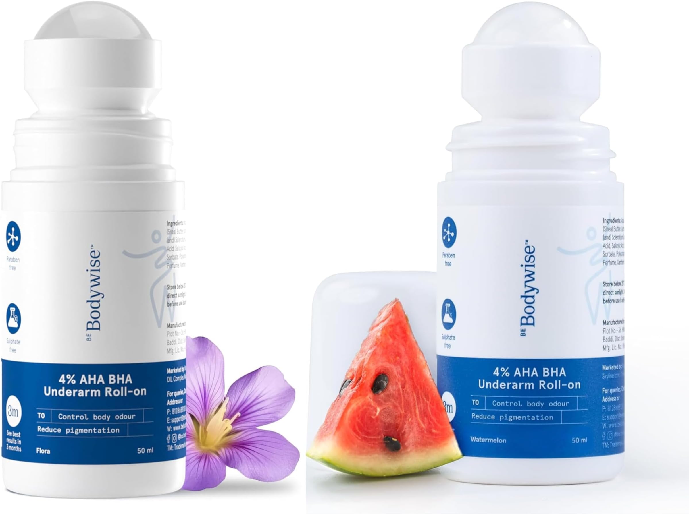 Be Bodywise Female 4% Aha Bha Underarm Roll On | Pack Of 2 | With Flora & Watermelon Fragrance | Masks Body Odour, Reduces Underarm Discoloration & Gives Long Lasting Fragrance | Aluminum Free | 100Ml