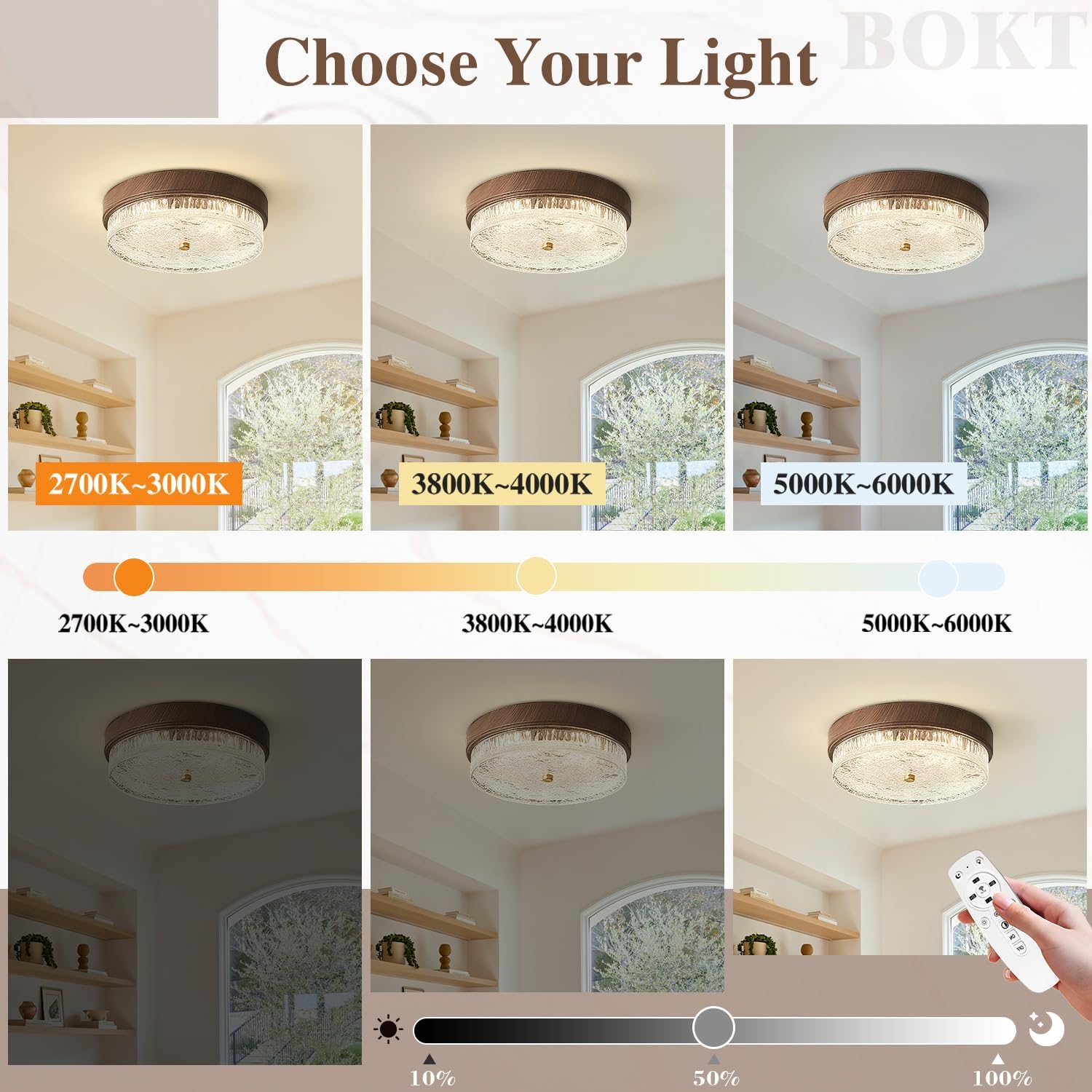 BOKT Farmhouse Wooden Flush Mount Ceiling Light Fixture Adjustable 3000K-6000K Ceiling Lights Walnut Wood Color Circle Ceiling Lamp Indoor Hallway Hanging Light Kitchen Close to Ceiling Lights