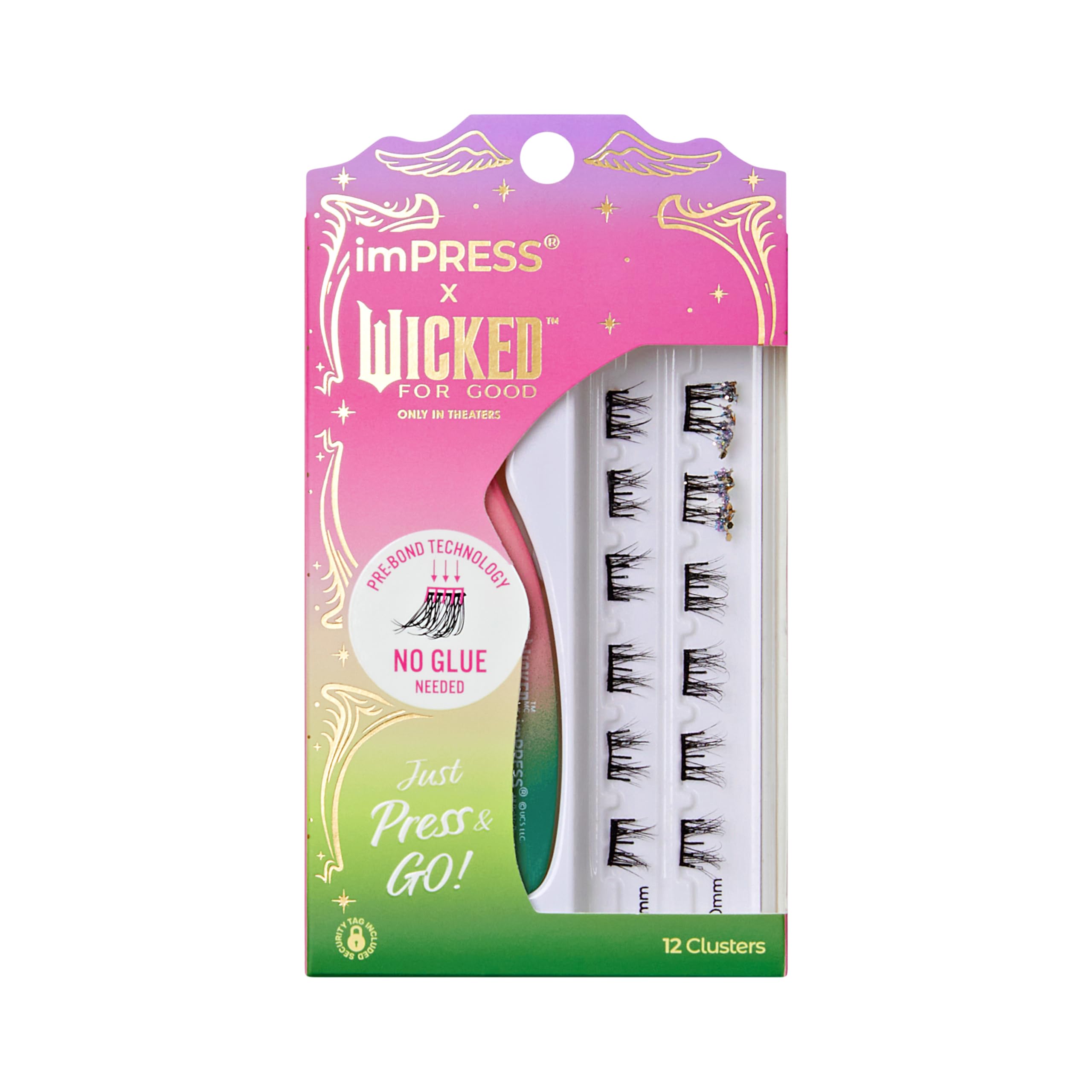 Impress X WICKED: FOR GOOD Press On Self Adhesive Eyelashes, ‘Tap to Bubble’, 8mm-10mm Natural Volume Press On Lashes, Multicolored Glitter, 12 Lash Clusters & Non-Stick Mini Applicator