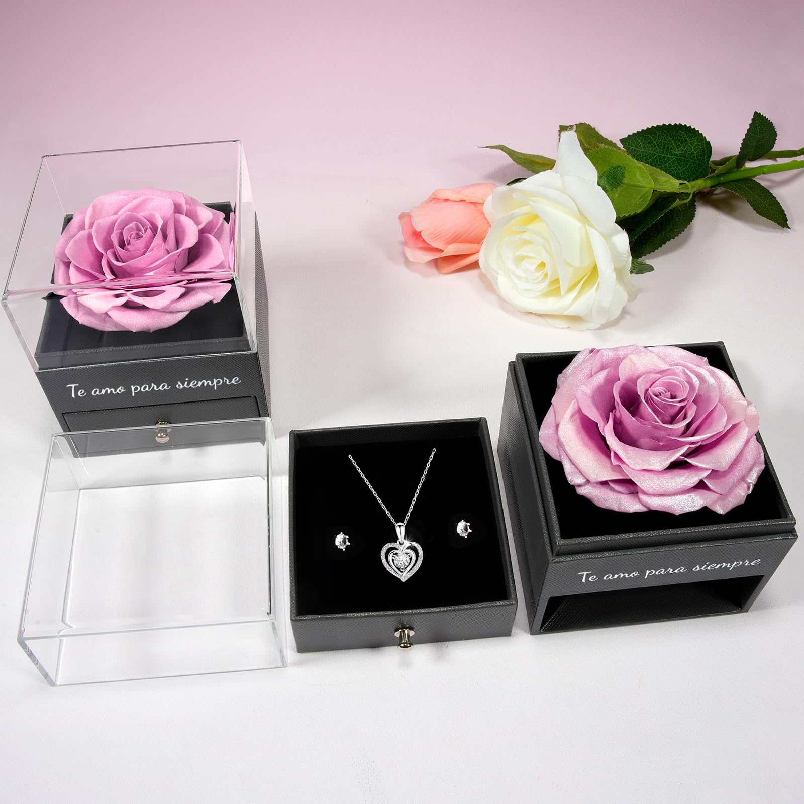 Miofula Rosa Eterna Regalos Originales para Mujer,Flores Preservadas Caja de Regalo con Collar y Aretes,Regalo Aniversario Pareja,Regalo Mujer Cumpleaños,Regalo Mama Novia Dia de la Madre San Valentin