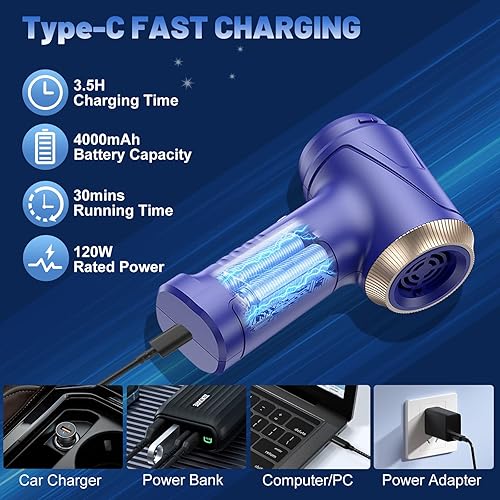 Miniatura 3 de Aspirador de mano inalámbrico para automóvil, 16000Pa, aspiradora portátil 4 en 1 y plumero de aire con luz LED de 120 W de alta potencia, múltiples