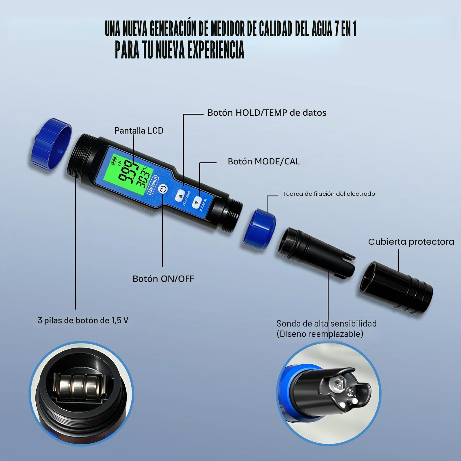 PH Metro 7-en-1, Probador PH TDS EC SALT ORP S.G Temperatura, Profesional Prueba Calidad Agua de 0.01 pH Alta Precisión para Piscina, Acuario, Agua Potable, Hidroponía