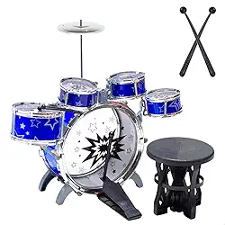 Mini Bateria Infantil com Banquinho Instrumento Brinquedo Musical com 5 tambores (Azul)