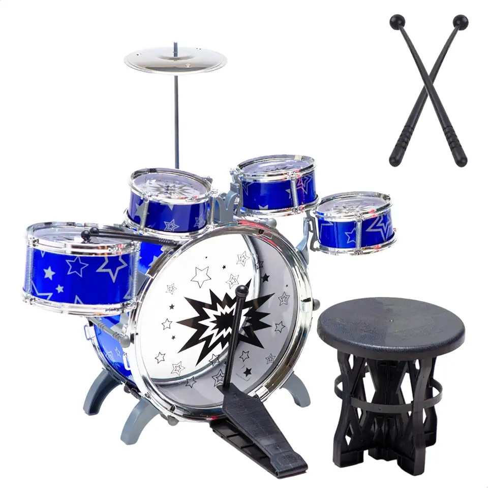Mini Bateria Infantil com Banquinho Instrumento Brinquedo Musical com 5 tambores (Azul)