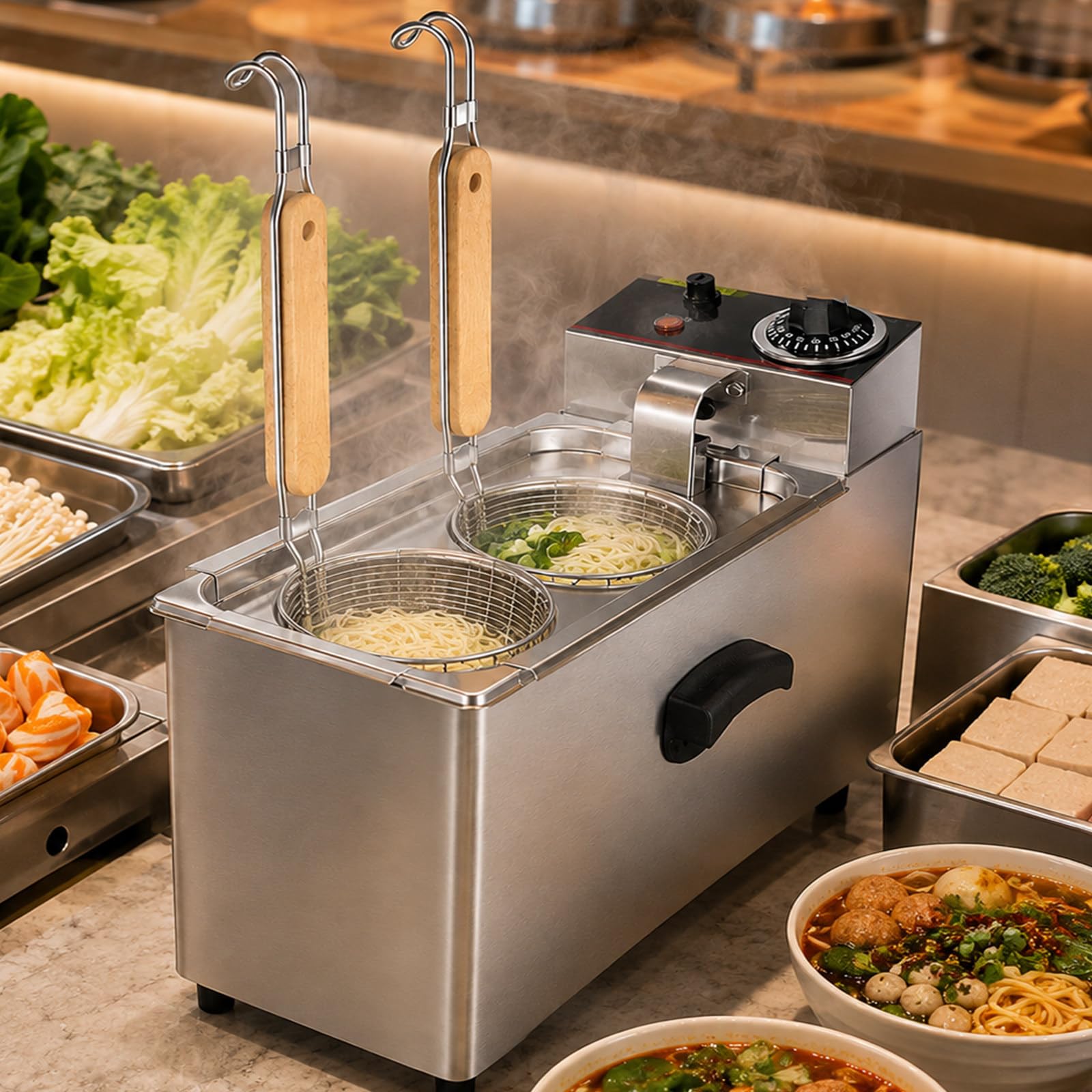 Cuocipasta Elettrico,Cuocipasta Commerciale Acciaio Inossidabile 2 Cestelli | Due Cestelli Separati Supportano Diverse Porzioni e Ingredienti per una Preparazione Efficiente nelle Ore di Punta.