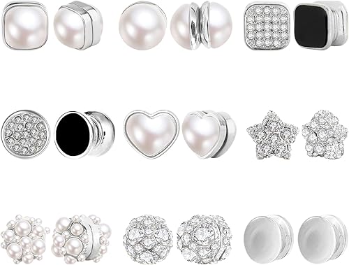 NEWITIN 9 Pairs Magnetic Stud Earrings for Women Clip on Earring Magnet Studs Inlaid Cubic Zirconia Pearl Stud Earring Fashion Non Piercing Magnetic