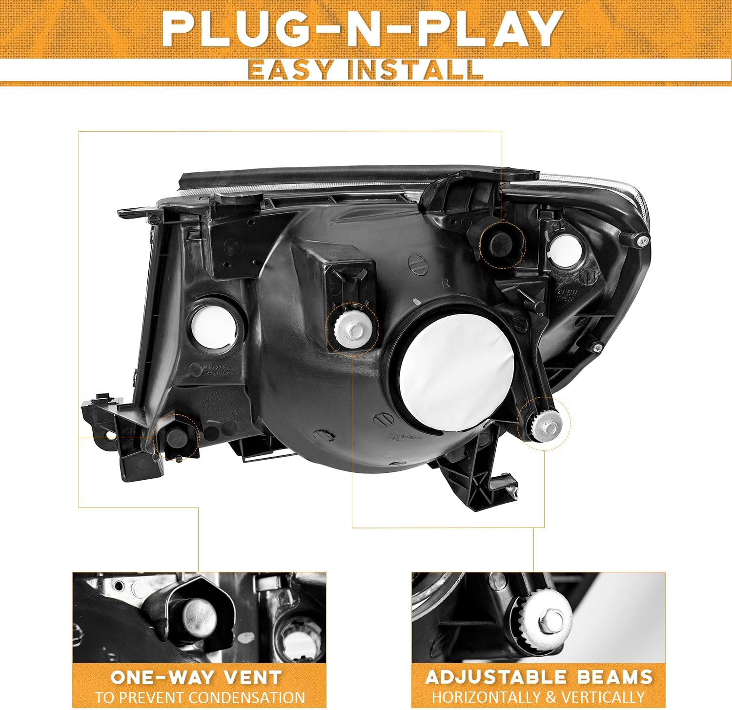 WEELMOTO Halogen Headlight Assembly Compatible with 2005 2006 2007 2008 2009 2010 2011 Tacoma OE Style Replacement Black Housing with Amber Reflector Passenger & Driver Side