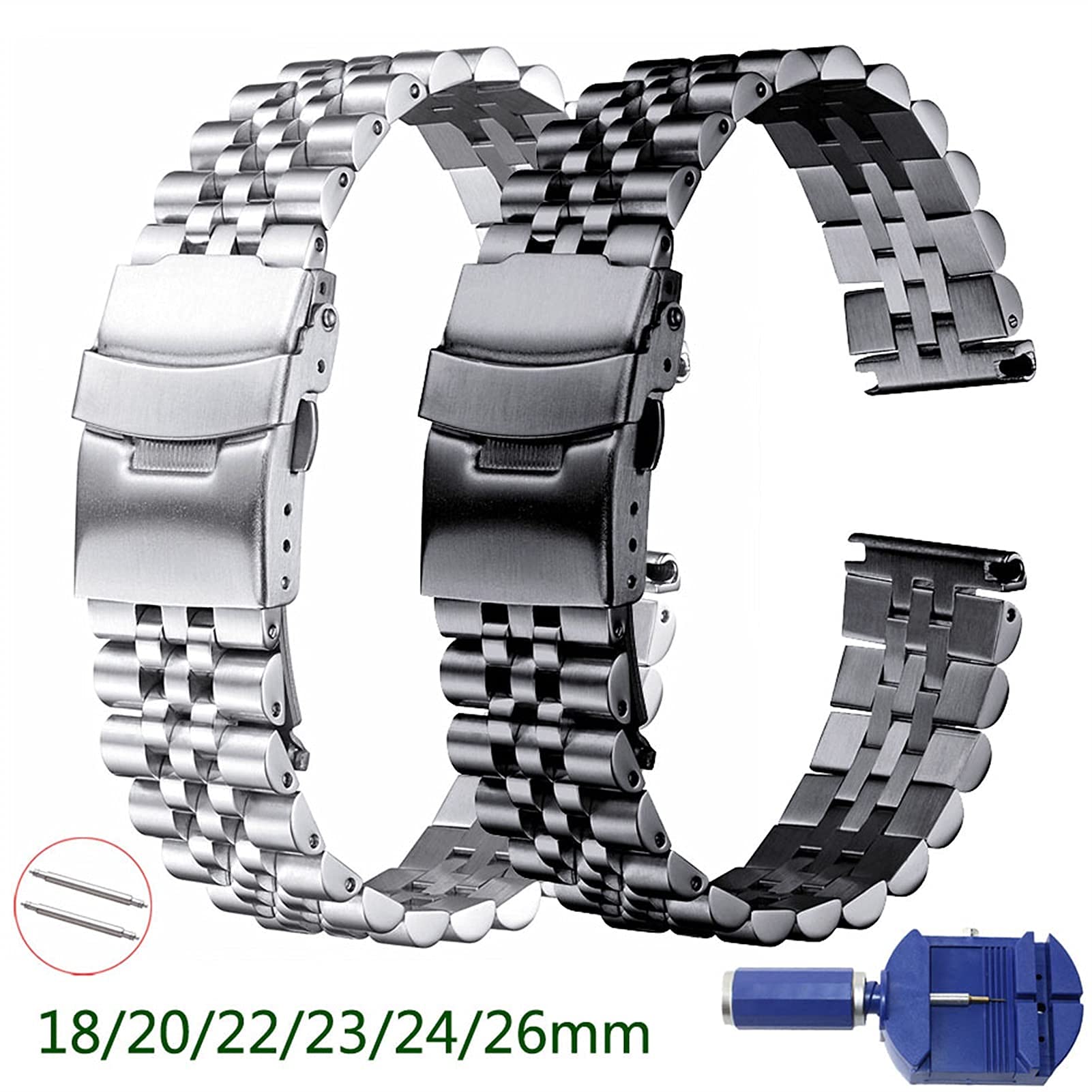 Cinturino in Metallo Acciaio Inossidabile 18mm 20mm 22mm 23mm 24mm 26mm Cinturino con Fibbia a Doppia Chiusura Cinturino da Polso di Ricambio Nero, Argento