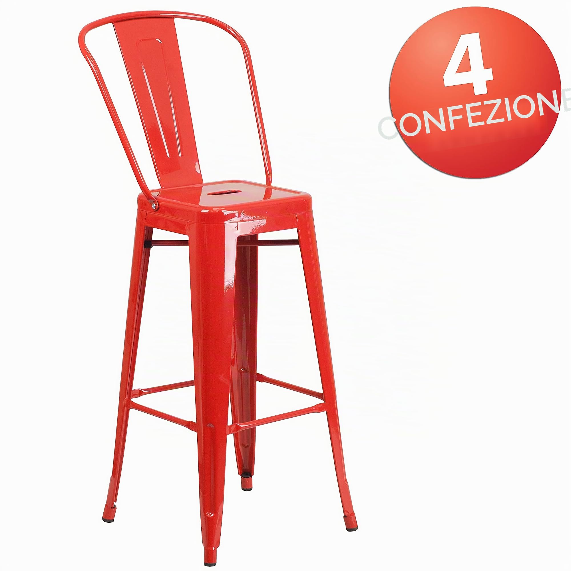 Flash Furniture Lily Commercial Grade Sgabelli da Bar per Interni ed Esterni in Metallo Rosso Alto 30" con Schienale Rimovibile, Confezione da 4