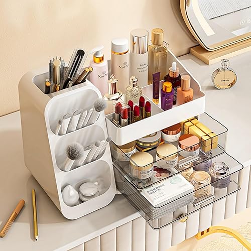 Miniatura 7 de Organizador de maquillaje con cajones, organizador de sobremesa de gran capacidad para tocador, organizador de cosméticos de escritorio para baño