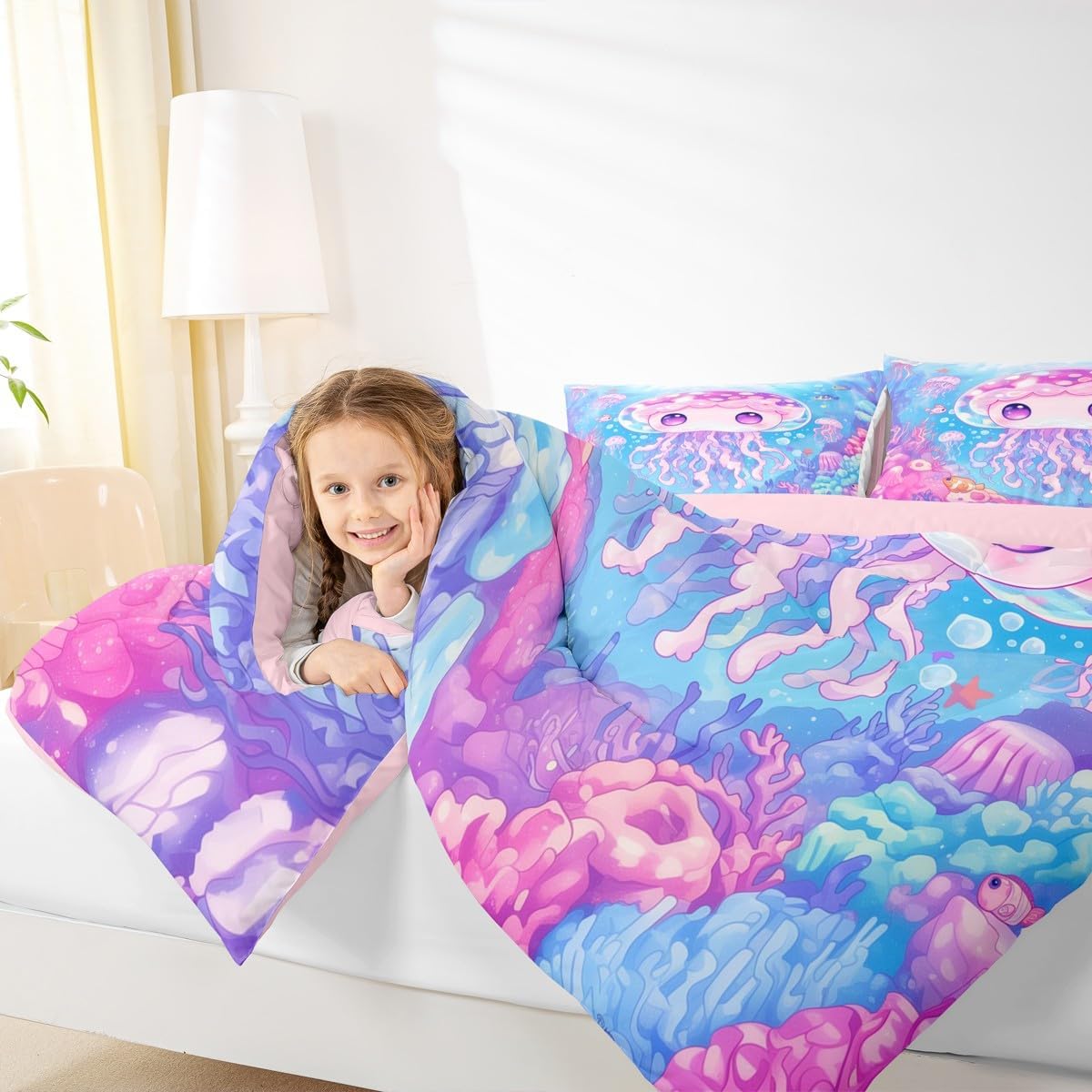 Feelyou Kids Cute Jellyfish Comforter Set Twin Size Ocean Fish Bedding Set for Boys Girls Teens Bedroom Decor Cartoon Animal Sea Creature Underwater Marine Life Duvet Quilt Breathable Soft 2Pcs