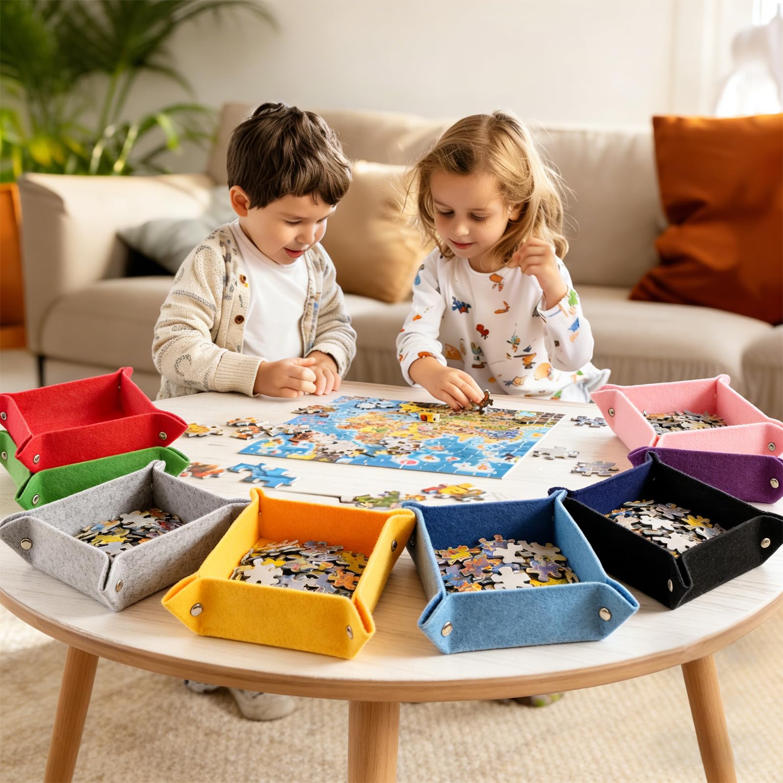 12 Pièces Trieur Puzzle en Feutre, Boîtes de Rangement en Feutre Empilables, Plateau pour Clés et Dés, Plateau de tri Portable pour Puzzles jusqu'à 500-2000 Pièces