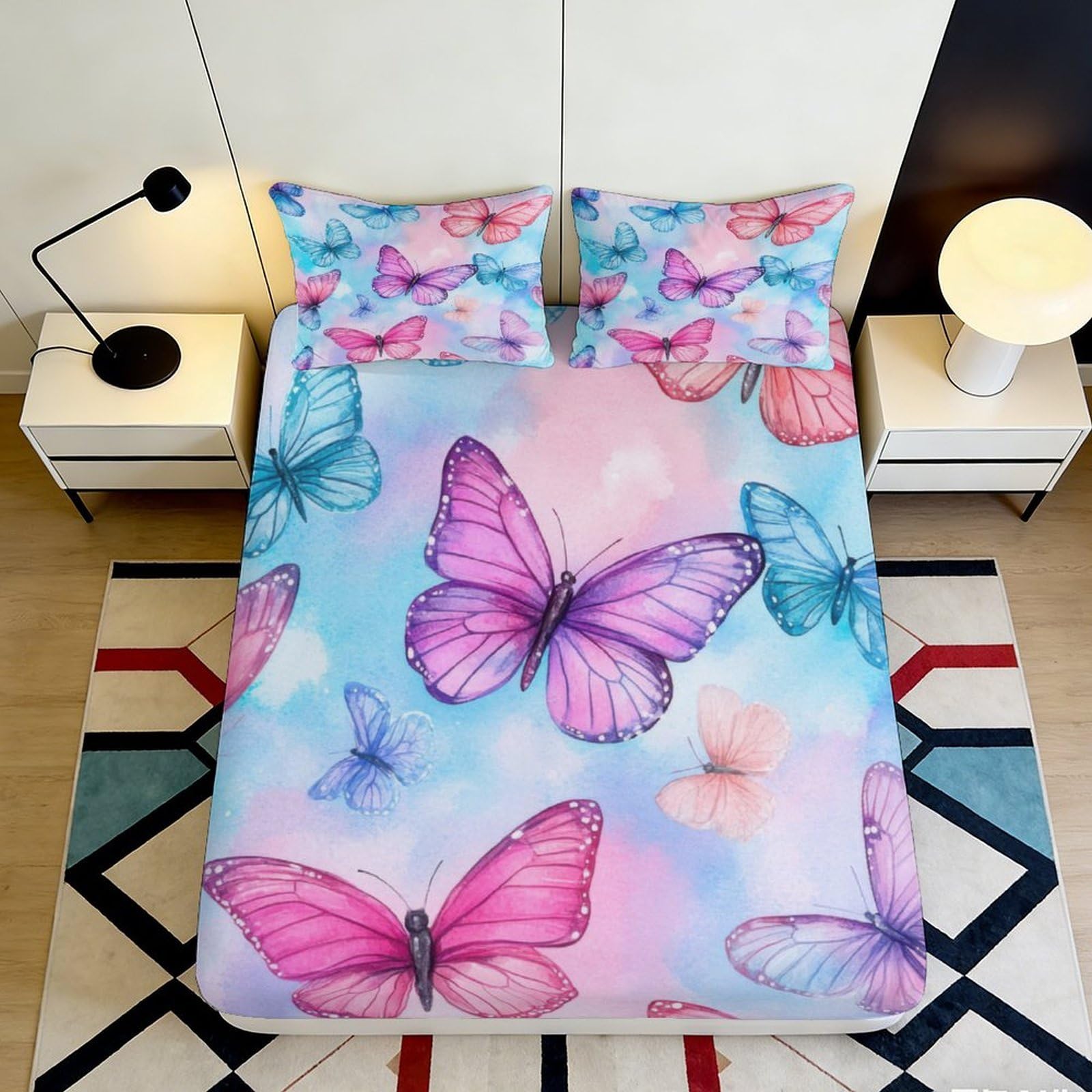3D Printed Butterfly Pattern Fitted Sheet Microfiber Soft Breathable Pastel Bed Cover for Bedroom Dormitory Guest Room Mattress Protection Decor Gift 180x200x25cm