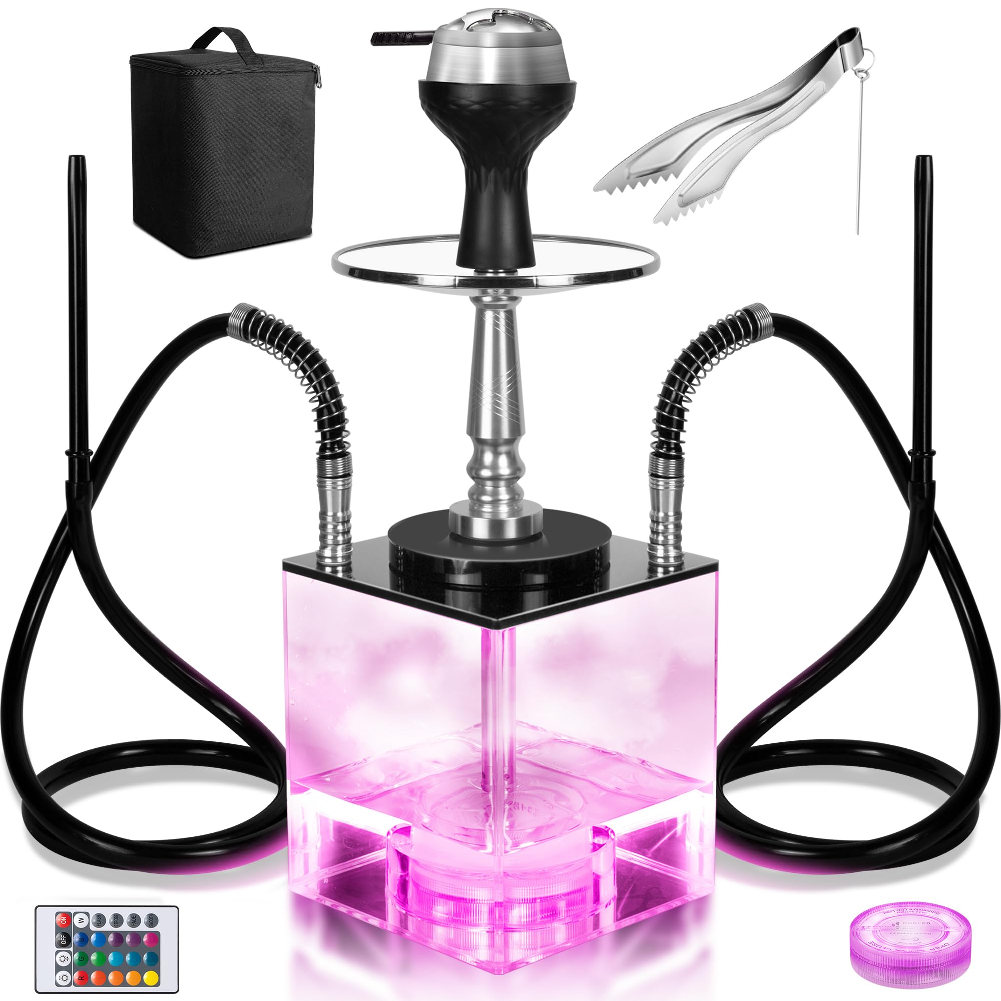2 Hose Hookah Set Dual-Hose Design with Silicone Hoses for Smooth Shared Smoking Experience with Lightweight Bag LED