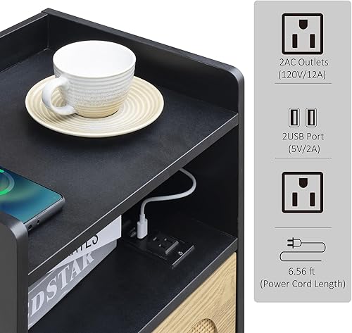 Miniatura 5 de Lomojo - Mesita de noche de ratán con estación de carga, mesita de noche moderna, mesa auxiliar bohemia de madera, mesa pequeña de mediados de siglo