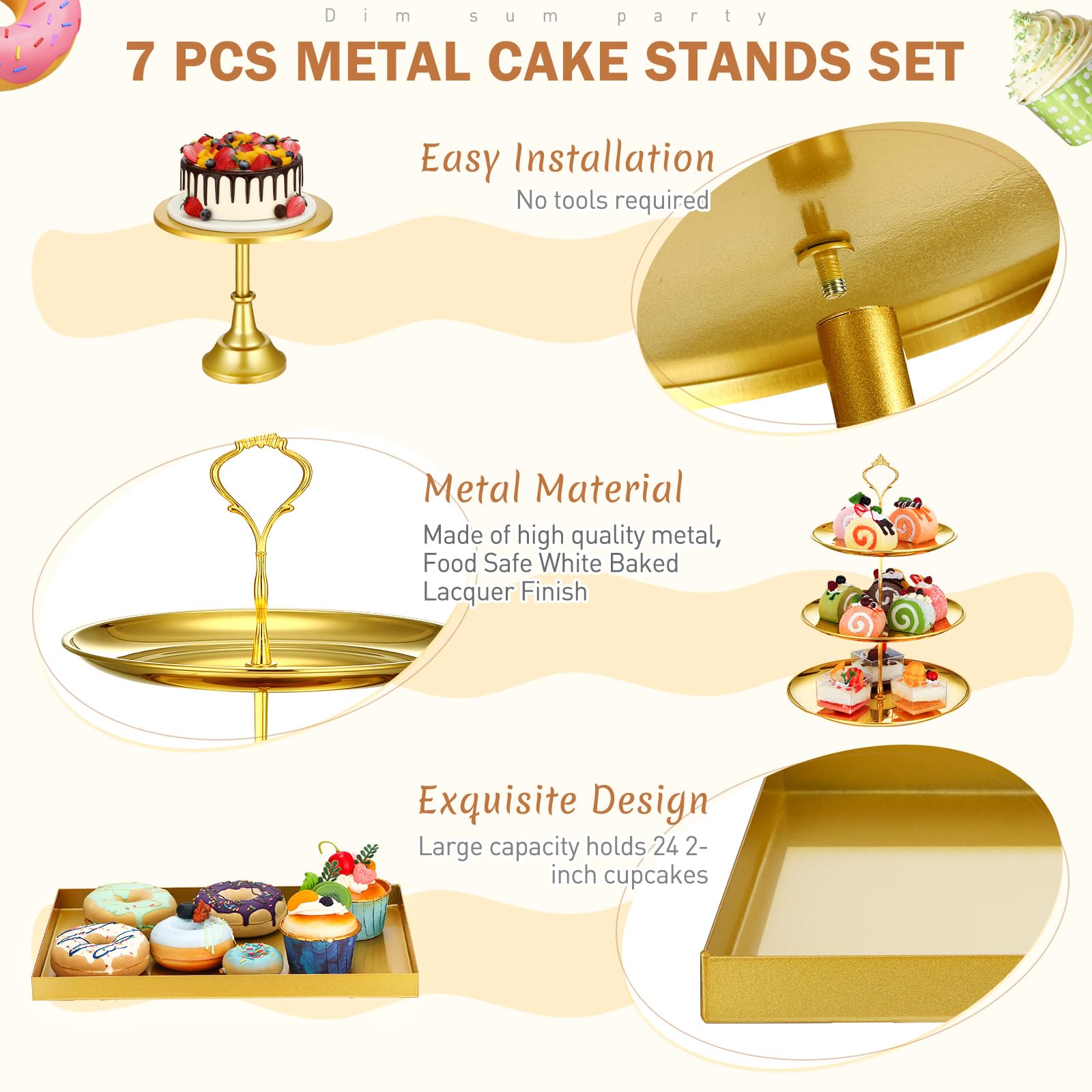 Tioncy Set di 7 alzate per torte in metallo, per cupcake, dessert, piatti da portata e vassoi, per baby shower, matrimoni, compleanni, feste di Natale (oro)