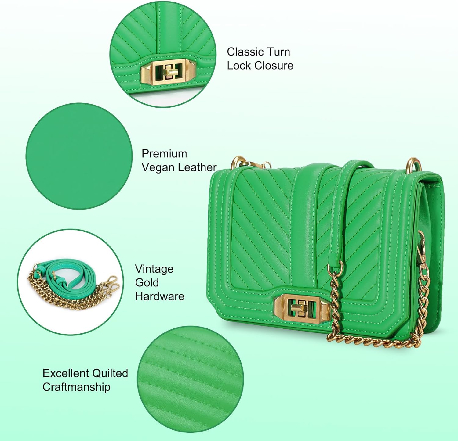 Designer Crossbody Bags for Women, Small Quilted Leather Handbags, Trendy Womens Mini Purse, Shoulder Bag Chain Strap (Green)