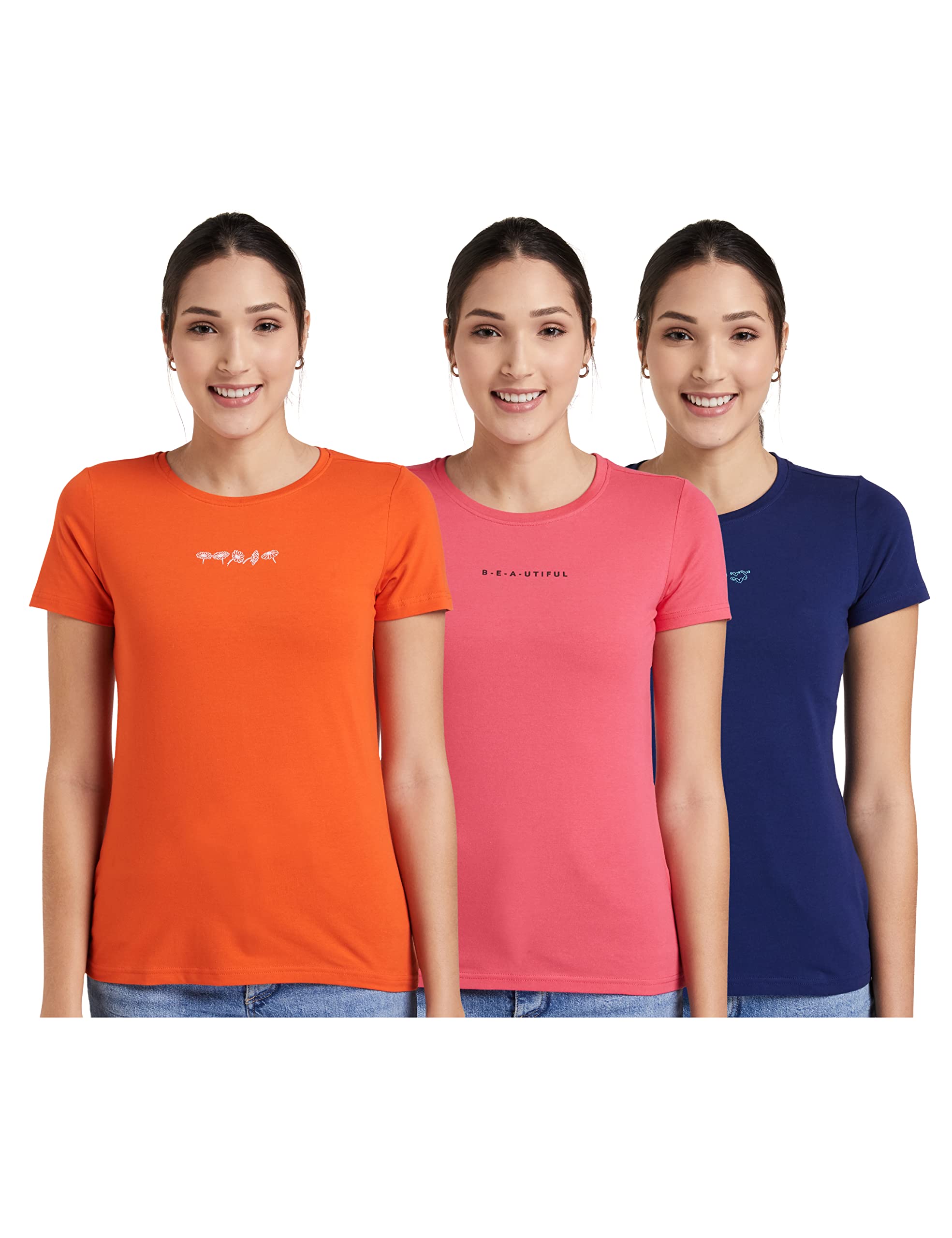 Amazon Brand - Symbol Women's Solid Cotton Stretch Half Sleeve Round Neck Regular Fit T-Shirt (Pack of 3)