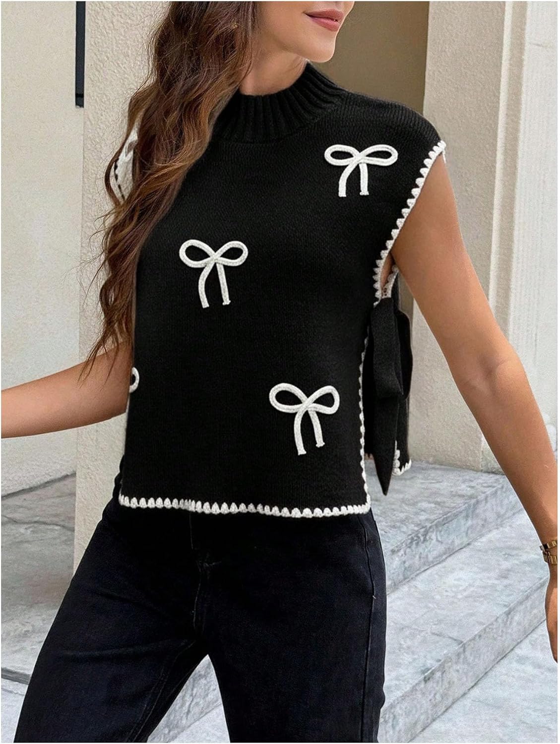 OYOANGLE Women's Bow Short Sleeve Sweater Side Tie Pullover Mock Neck Tank Tops Knit Vest Trendy Fashion Clothes
