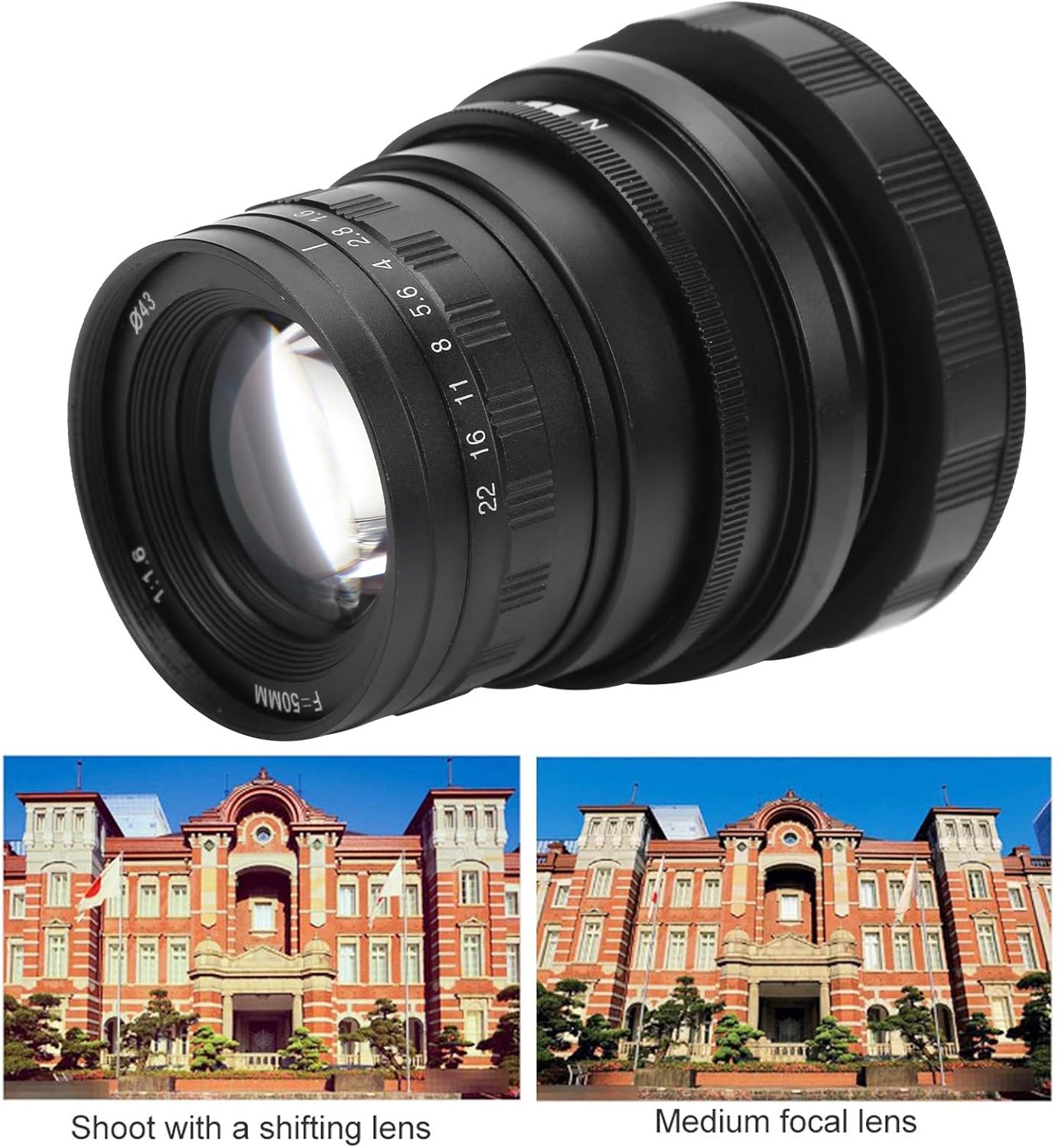 Comparison of an image shot with a shifting lens versus a medium focal lens, demonstrating perspective correction.