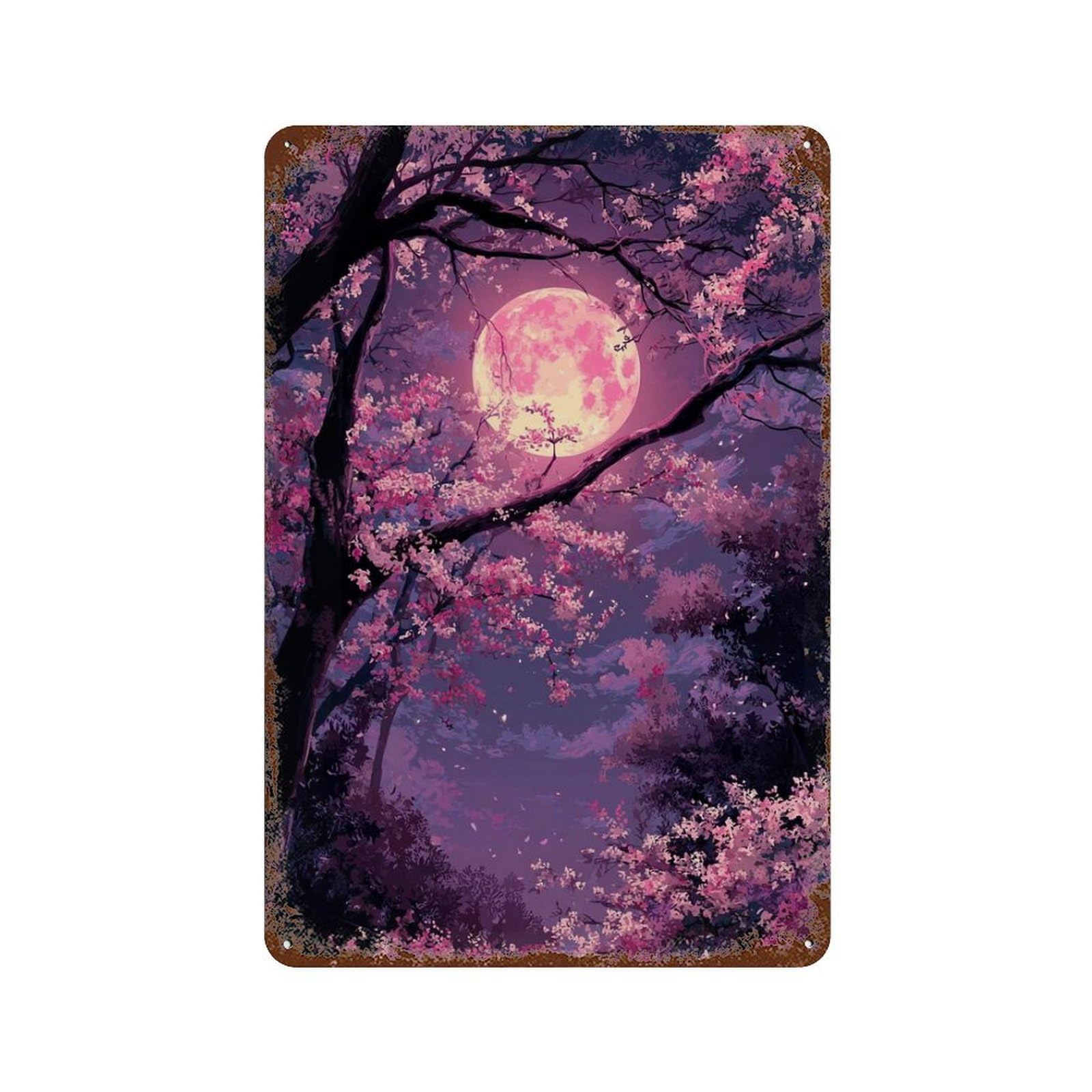 Rust Effect Cherry Blossom Moon Night-7 Decorative Tin Sign 11.8"x7.9", Classic Wall Plaque for Pub, Kitchen And Man Cave Decor