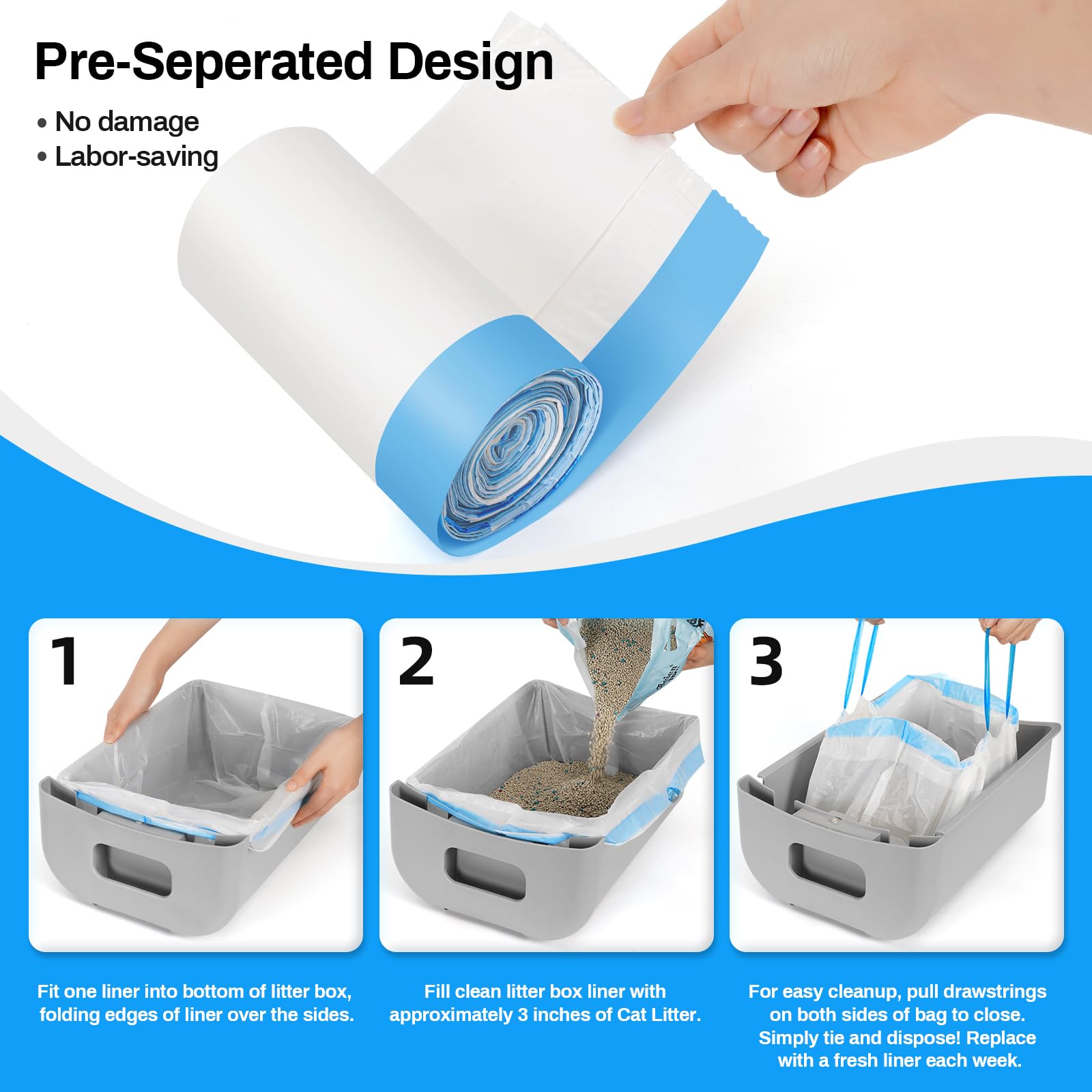 Bolsas de arena para gatos, 60 forros duraderos con cordón para cajas de arena automáticas, para cajas de arena para gatos autolimpiables