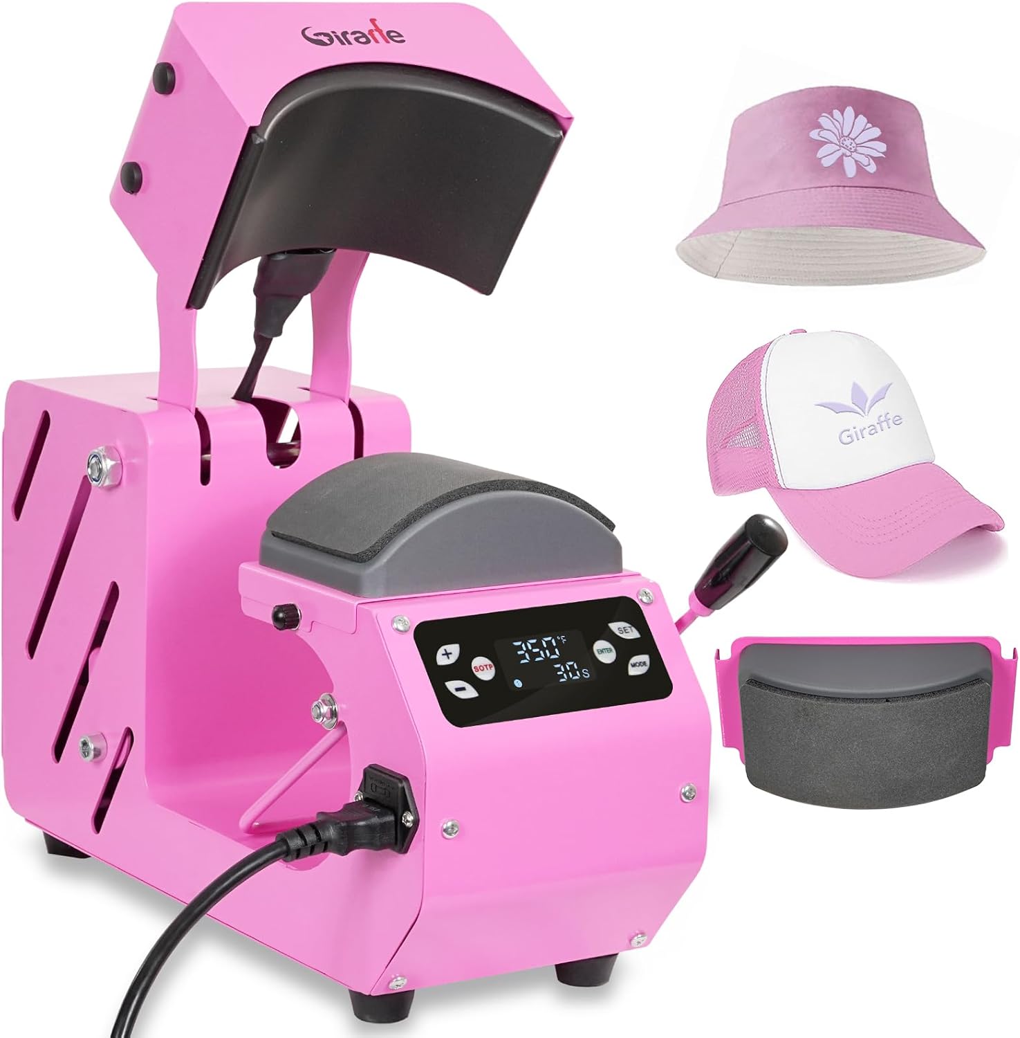Giraffe Auto Hat Heat Press Machine, Automatic Hat Press Heat Machine for Caps Hats T-Shirts Bags, DIY Sublimation Hat Press Cap Press Automatic Open & Release & Digital Press Control Panel (Pink)