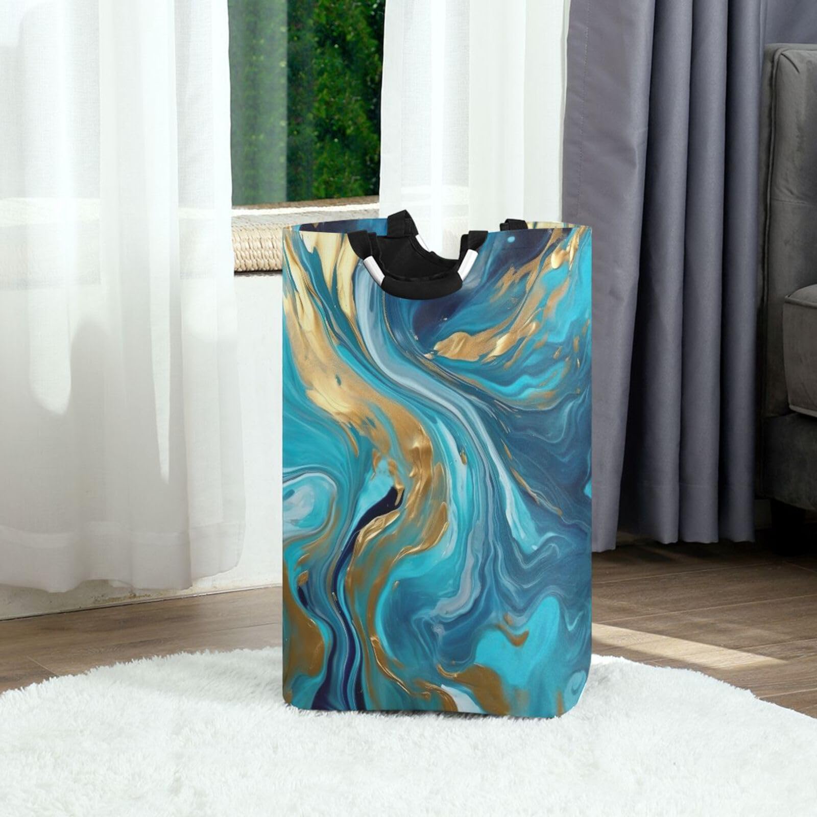 Jihqo Laundry Hamper Basket Abstract Marble Blue Collapsible Nursery Storage Bin Waterproof Clothing Baskets for Home Bedroom Bathroom Washing Room