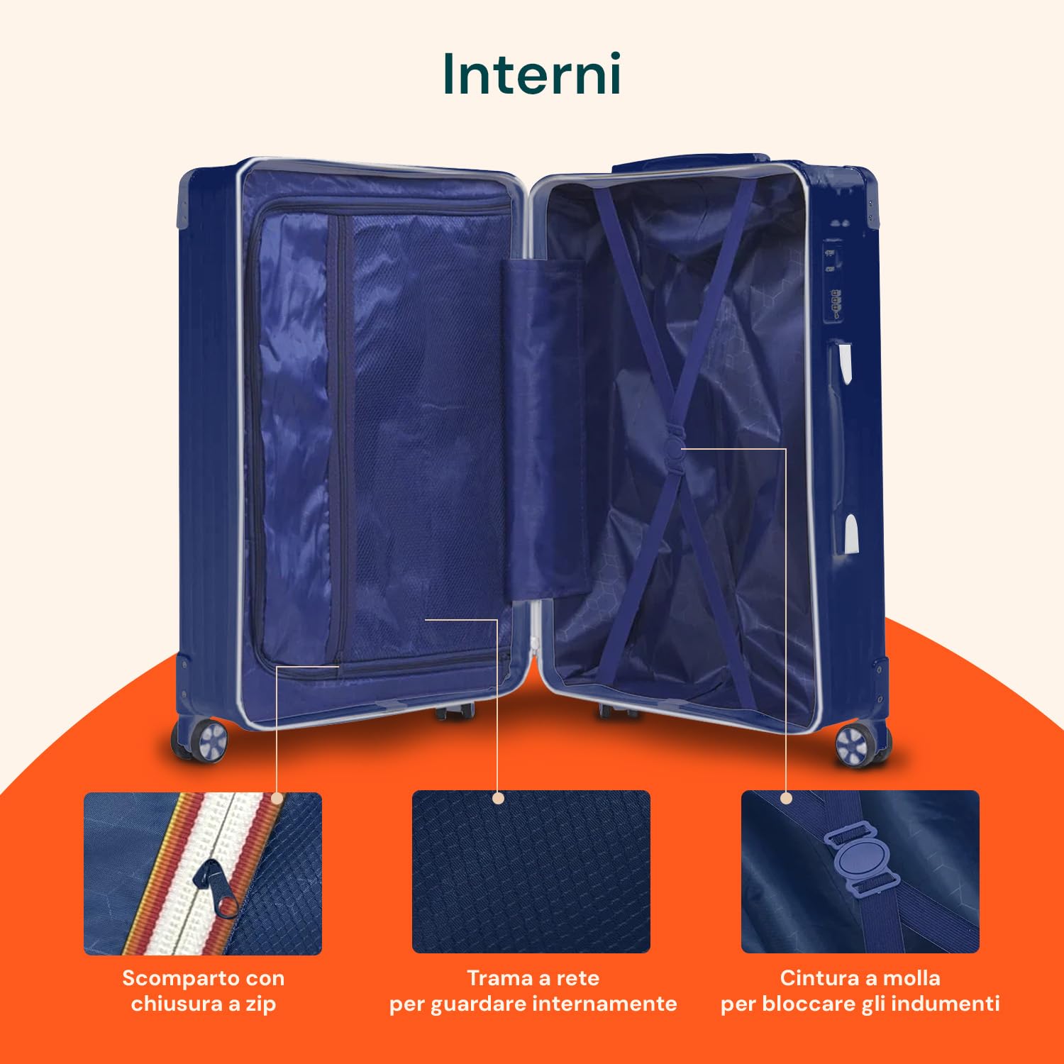 Avilia Set 3 Valigie Trolley (56/66/76 cm) in ABS - Trolley con 4 Doppie Ruote a 360°, Sacca a Rete Interna, Elastico Ferma Indumenti, Cerniera Sicura - Valigie Leggere, Resistenti e Blu