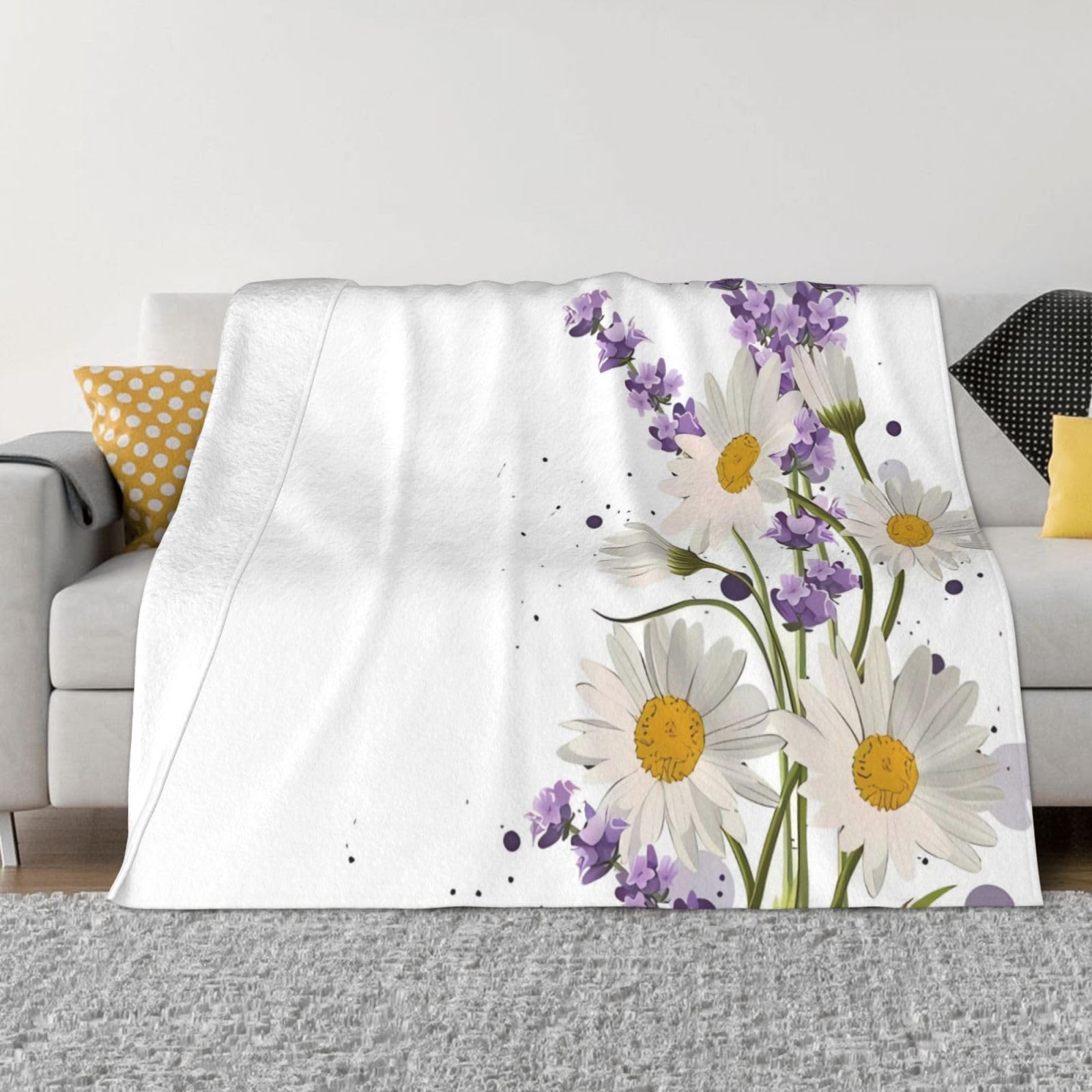 Couverture en flanelle lavande et marguerites plaid doux pour lit