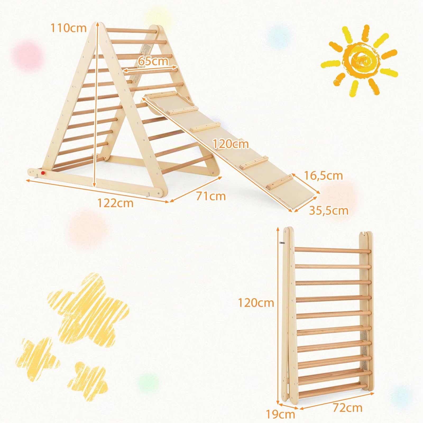 COSTWAY Triangolo a Gradini, Scala Giochi Arrampicata a Triangolo, con Scivolo, Palestra Coperta da Casa, Legno, Ideale per Bambini 3+ Anni (naturale)