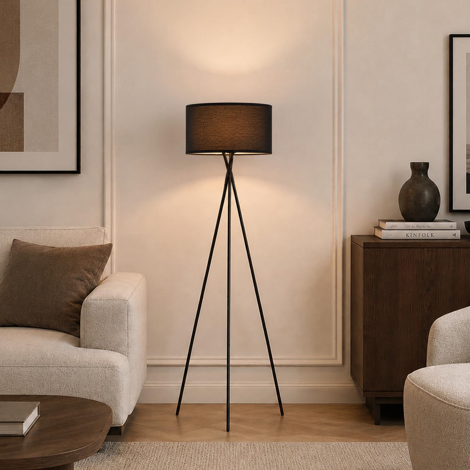 Home sweet Home Dreibein-Stehlampe - Schwarz mit schwarzem Stoffschirm, 138 cm