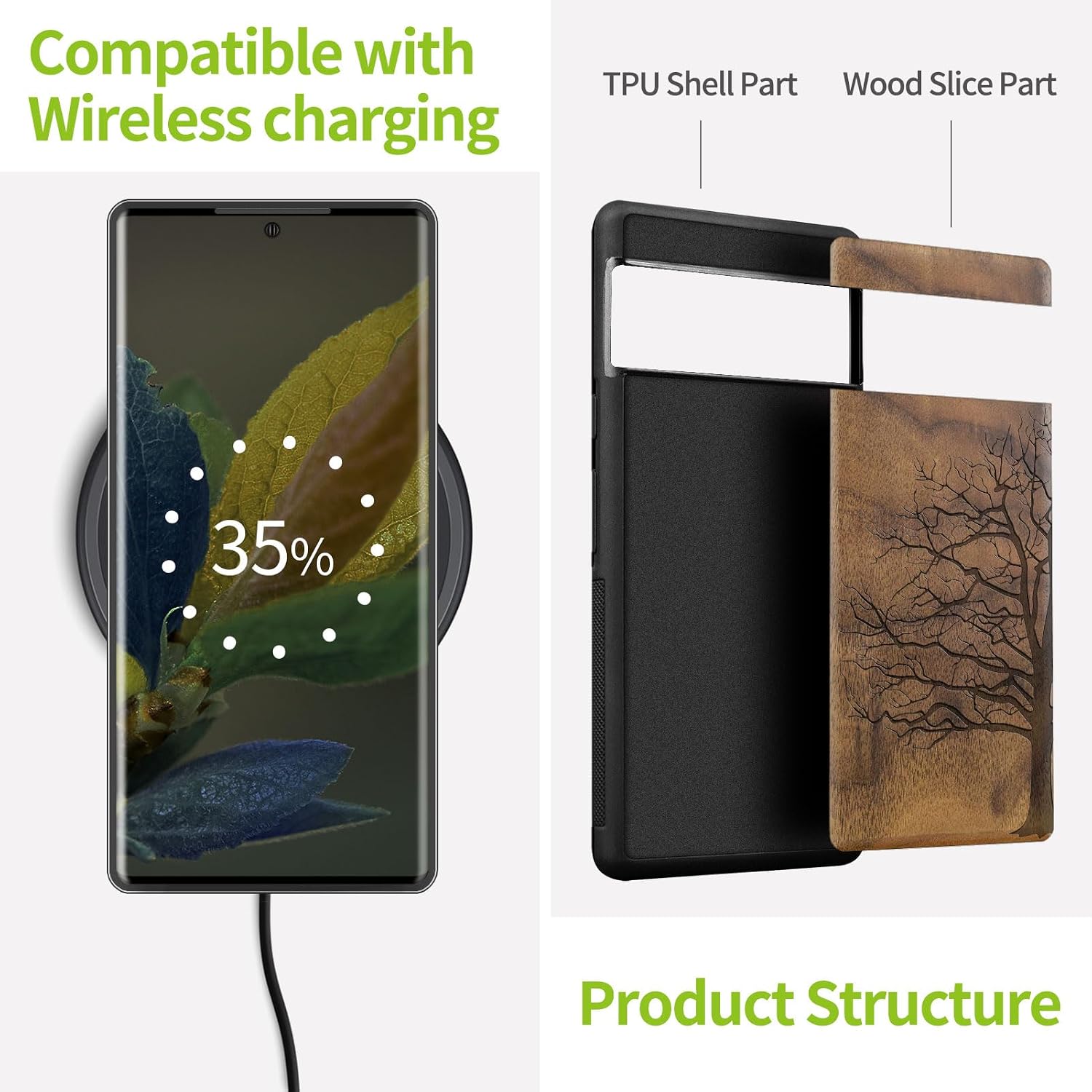 Carveit Wood Case for Pixel 8 Pro Case [Natural Wood & Black Soft TPU] Shockproof Protective Unique Wooden Cover Compatible with Google Pixel 8 Pro (Eternal Tree-Walnut)