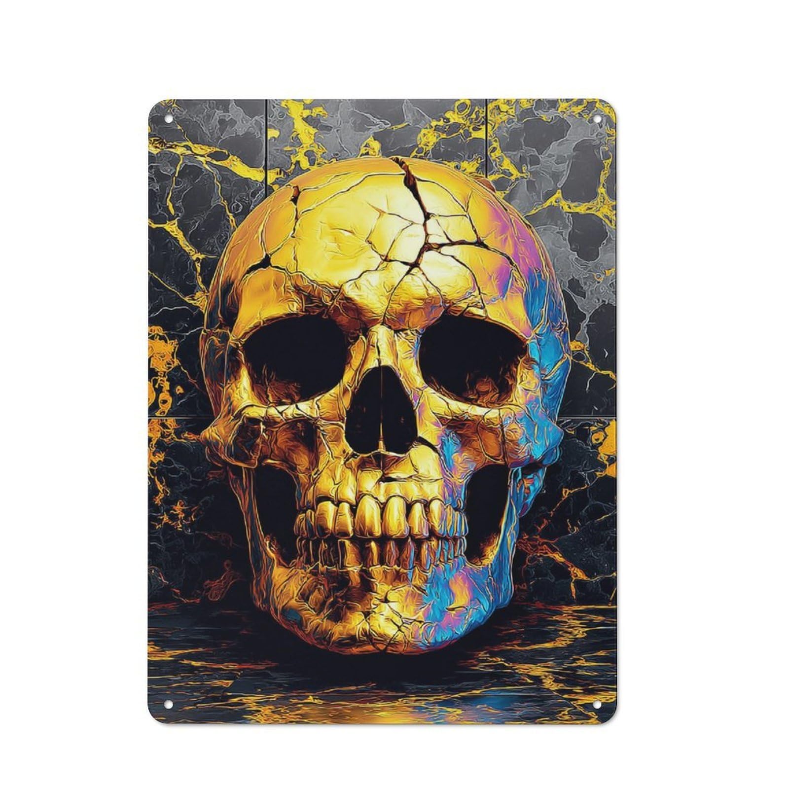 Junmoney Golden Skull With Cracks Tin Sign 40X30cm For Café Or Home Bar, Rustic Wall Decor, For Café-Style Decor Fans