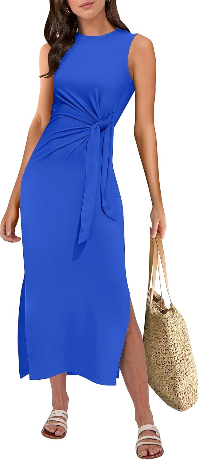 ANRABESS Womens Summer Casual Sleeveless T Shirt Midi Dress Slim Fit Tie Waist Split Tank Long Dresses 2026 Vacation Sundress