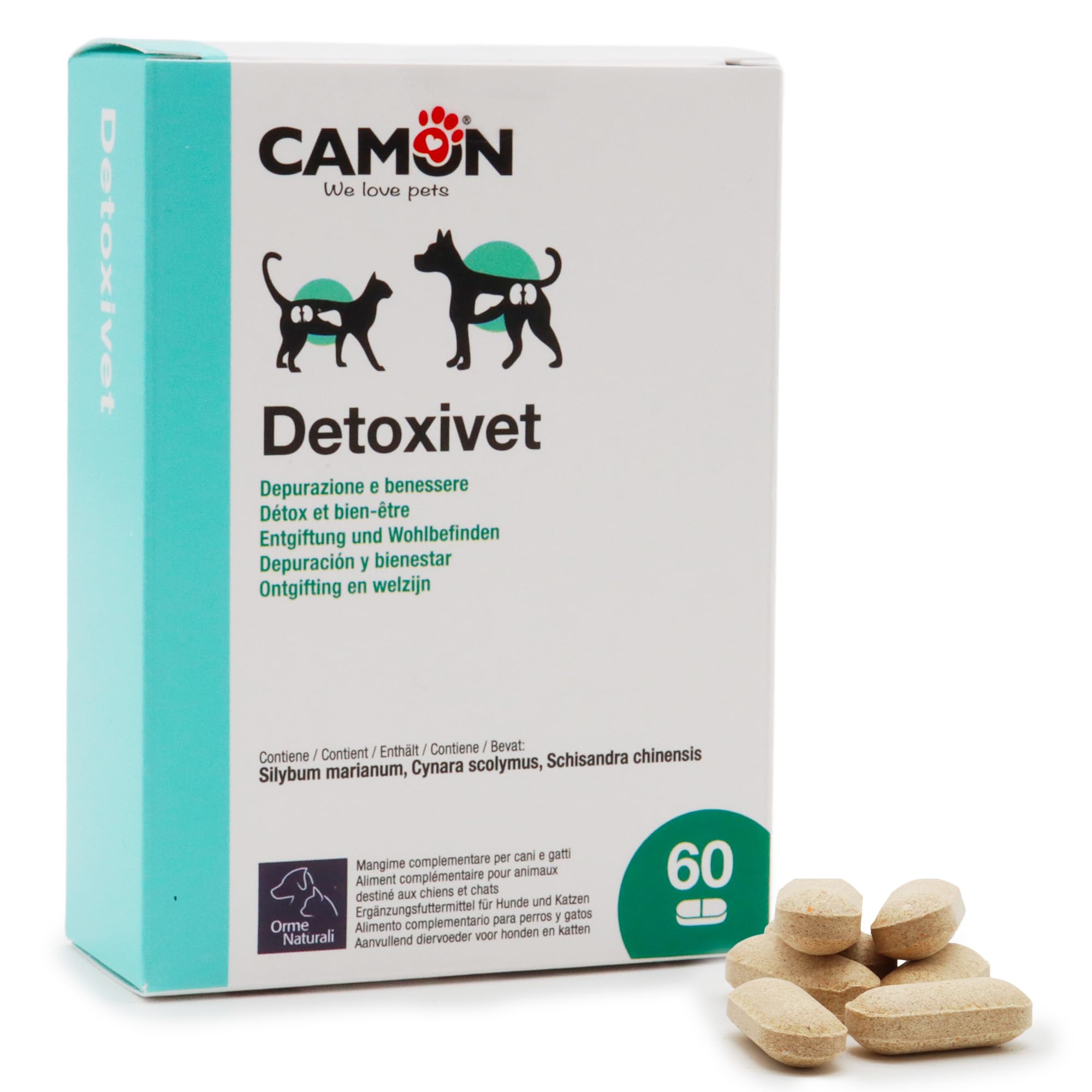 CAMON | Detoxivet Ergänzungsfuttermittel für Hunde und Katzen, entschlackende und entgiftende Wirkung, reguliert die Darm- und Nierenfunktion, 60 Tabletten à 1 g